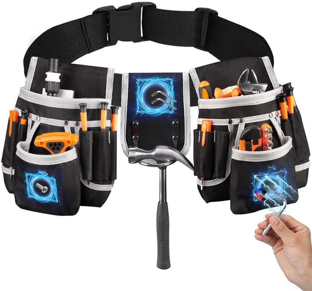  Pochette à Outils Magnétique En Toile Avec Trois Aimants Intégrés Pour Un Rangement Sûr, Ceinture Réglable Qui S'adapte à La Plupart Des Hommes, Design Spacieux Multi-compartiments Pour Entrepreneurs