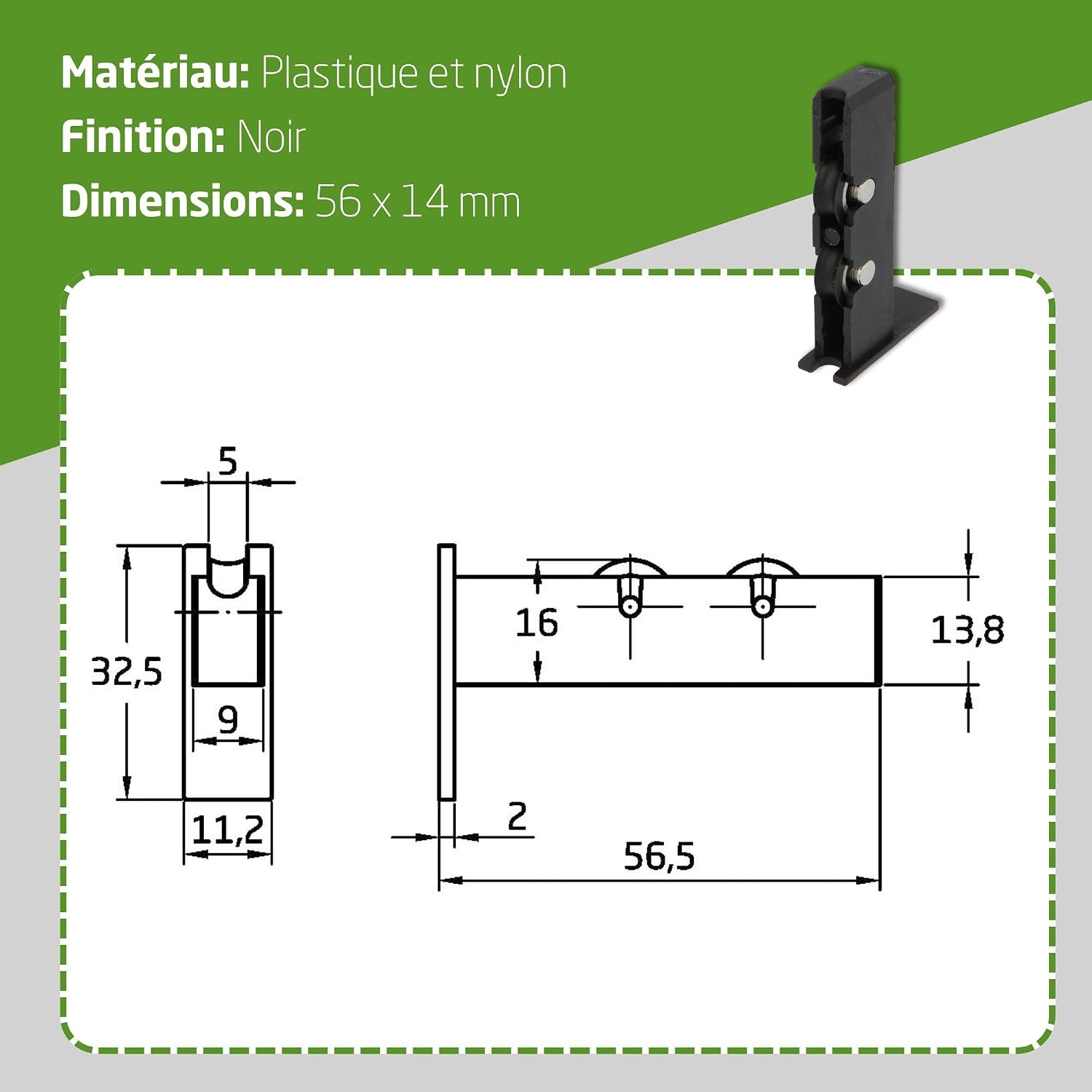  Amig - Roulement De Fenêtre | 2 Unités | 56x14mm | 2 Roues | Boîtier En Nylon Avec Roulements à Billes | Pour Fenêtres Coulissantes | Nylon Noir