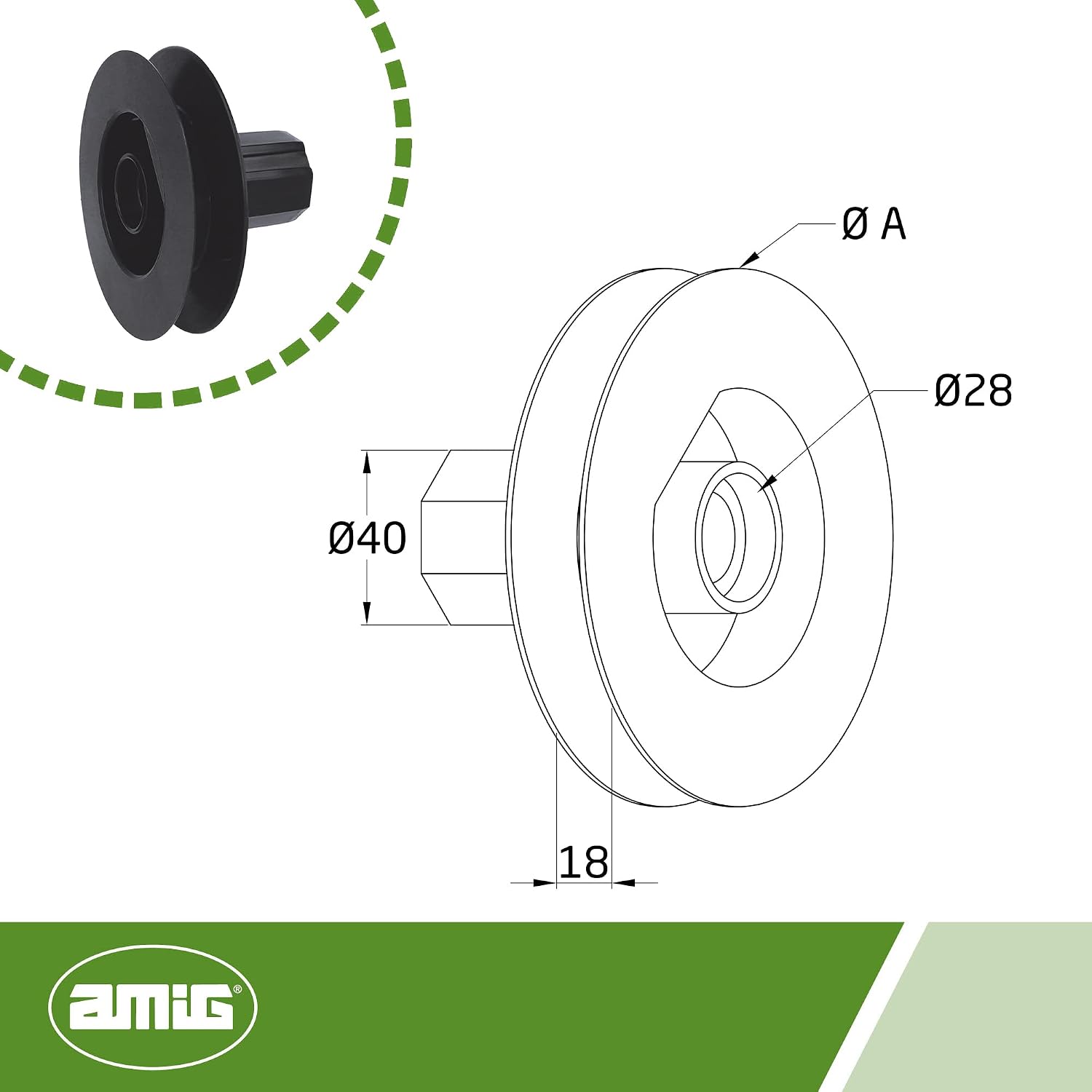  Amig - Poulie à Disque En Nylon Noir Pour Roulement D’axe De Volets Roulants - Pour Courroies De 18 Mm, Tubes De 42 Mm Et Châssis En Aluminium - Diamètre Ø140 Mm