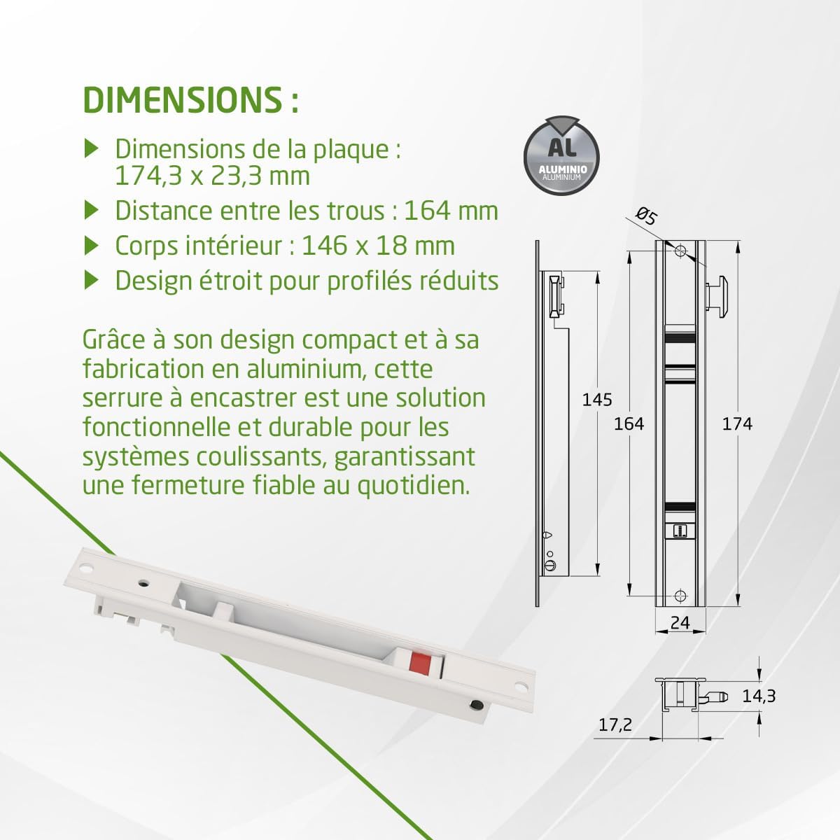  Amig - Recessed Lock For Windows And Sliding Doors In Aluminium - Recessed Hook Lock - Dimensions: 174 X 23 Mm - Colour White - Square Edge - Installation With Screws