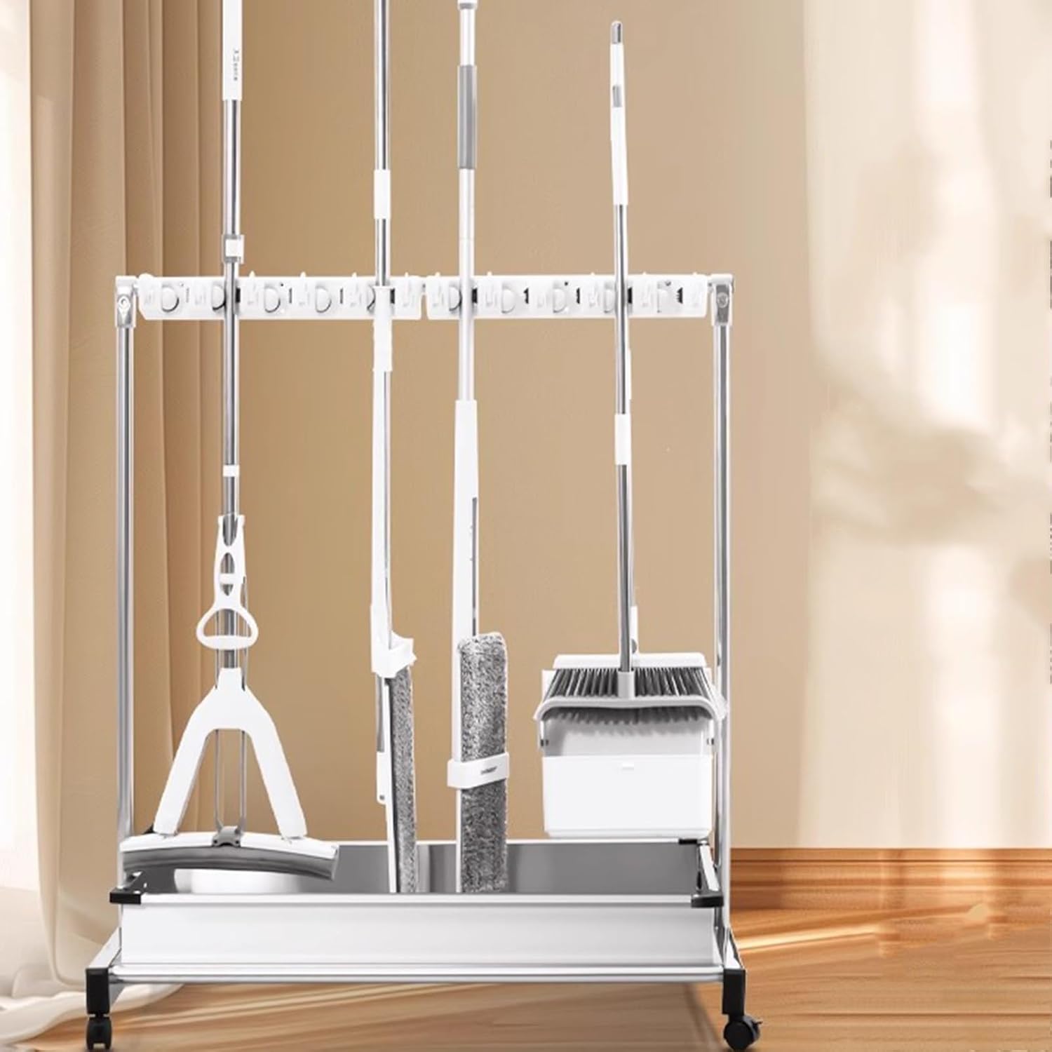 GENERIC Support De Balai Mobile, égouttoir à Balais Sur Pied En Acier Inoxydable, Chariot à Outils De Nettoyage Avec Crochets Pour écoles Et Restaurants, Argent, 68 X 51 X 109 Cm, A