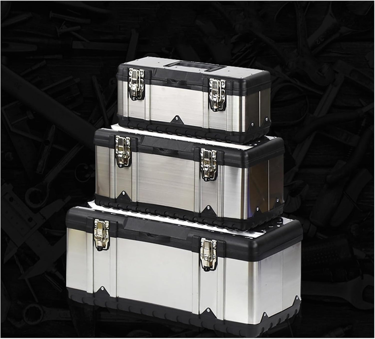  Coffret à Outils Boîte à Outils En Acier Inoxydable épais, Boîte De Rangement, Loquet Métal, Des Et Plateau Amovible, Poignée Antidérapante (4 Tailles)(Silver,Moyen)