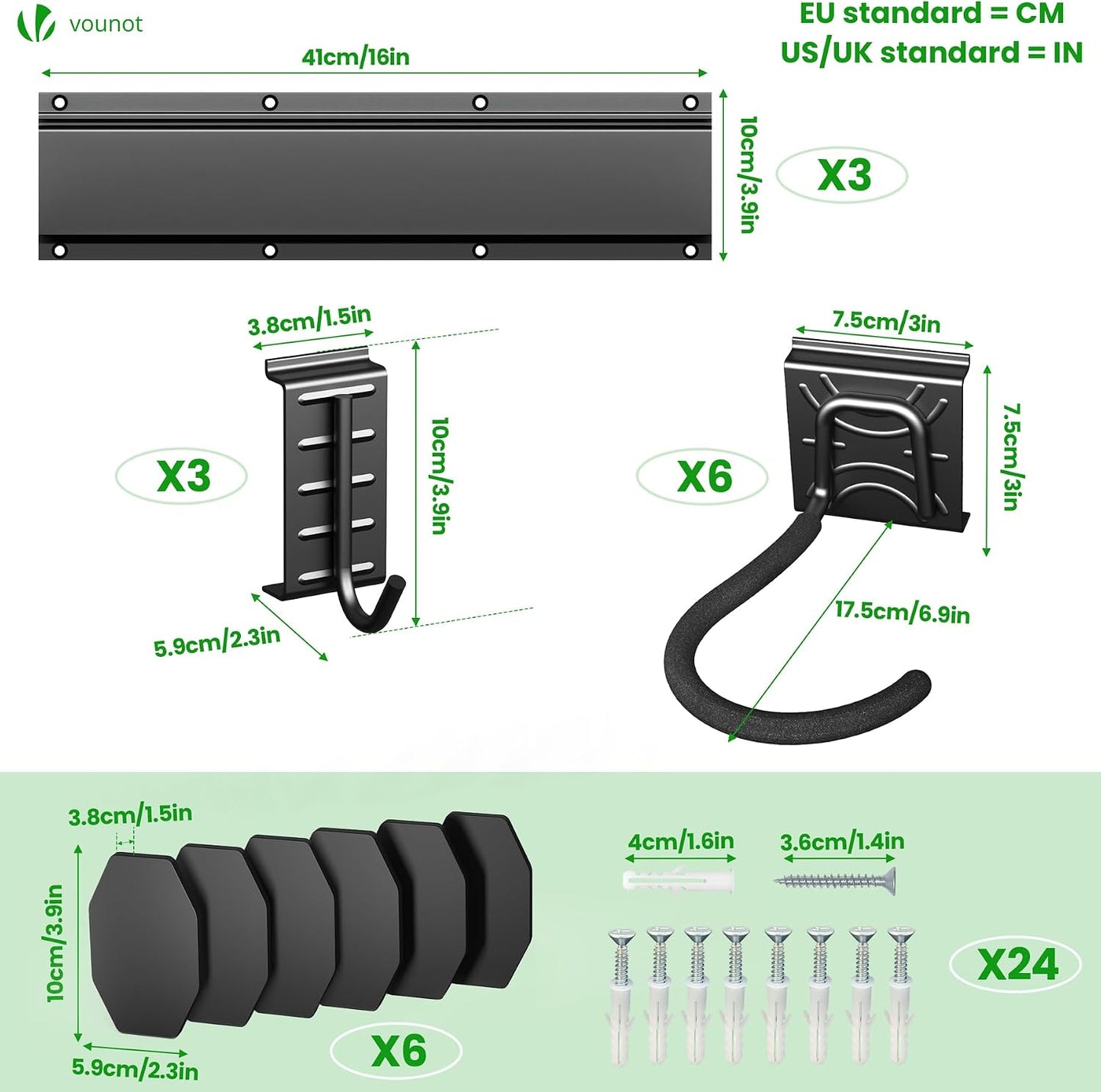 Vounot® Support Vélos Mural En Métal Pour 6 Vélos + 3 Casques Porte De Rangement Avec 6 Coussinets Silicone Anti Taches Crochet Fixation Robuste Pour Garage Cave Noir