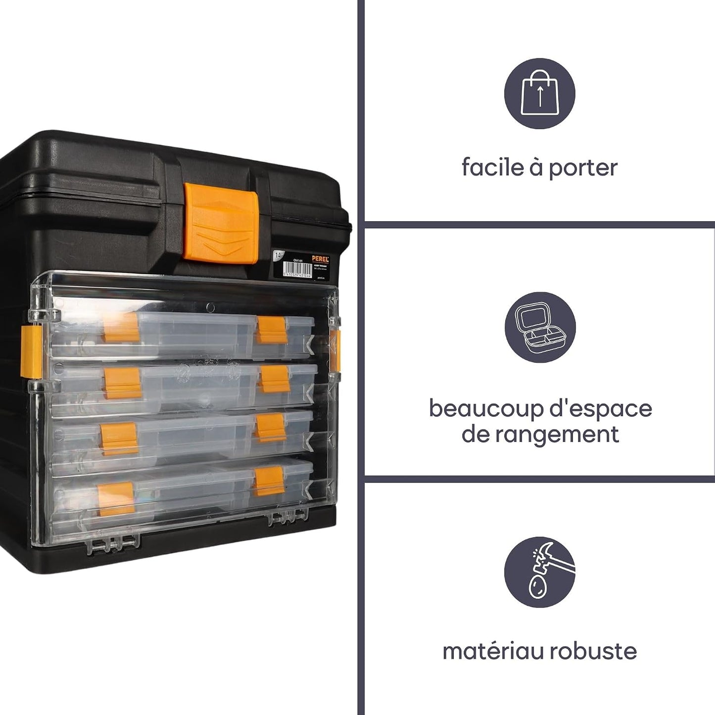  Perel Coffret De Rangement Multifonctionnel, Boite À Outils, Boite De Rangement Vide, Caisse Outil Plastique, Portable, Avec 4 Boîtes Amovibles, Noir/orange, 340 X 272 X 341 Mm