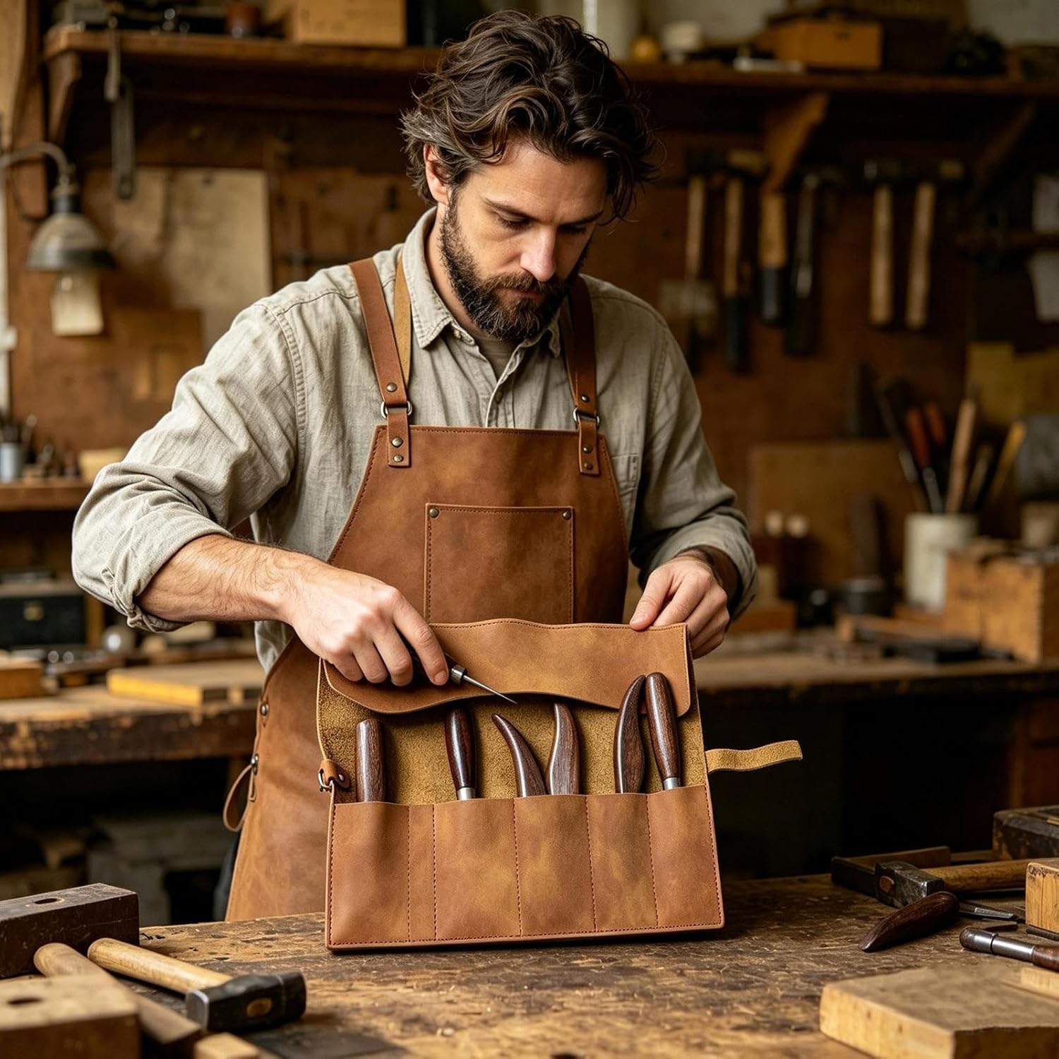Genérico Sac à Outils Enroulable à 5 Compartiments, Fait à La Main, Vintage, Portable, Pour électriciens, Charpentiers, Cuisiniers, Plombiers, Burins, Tournevis, Clés, Tournevis