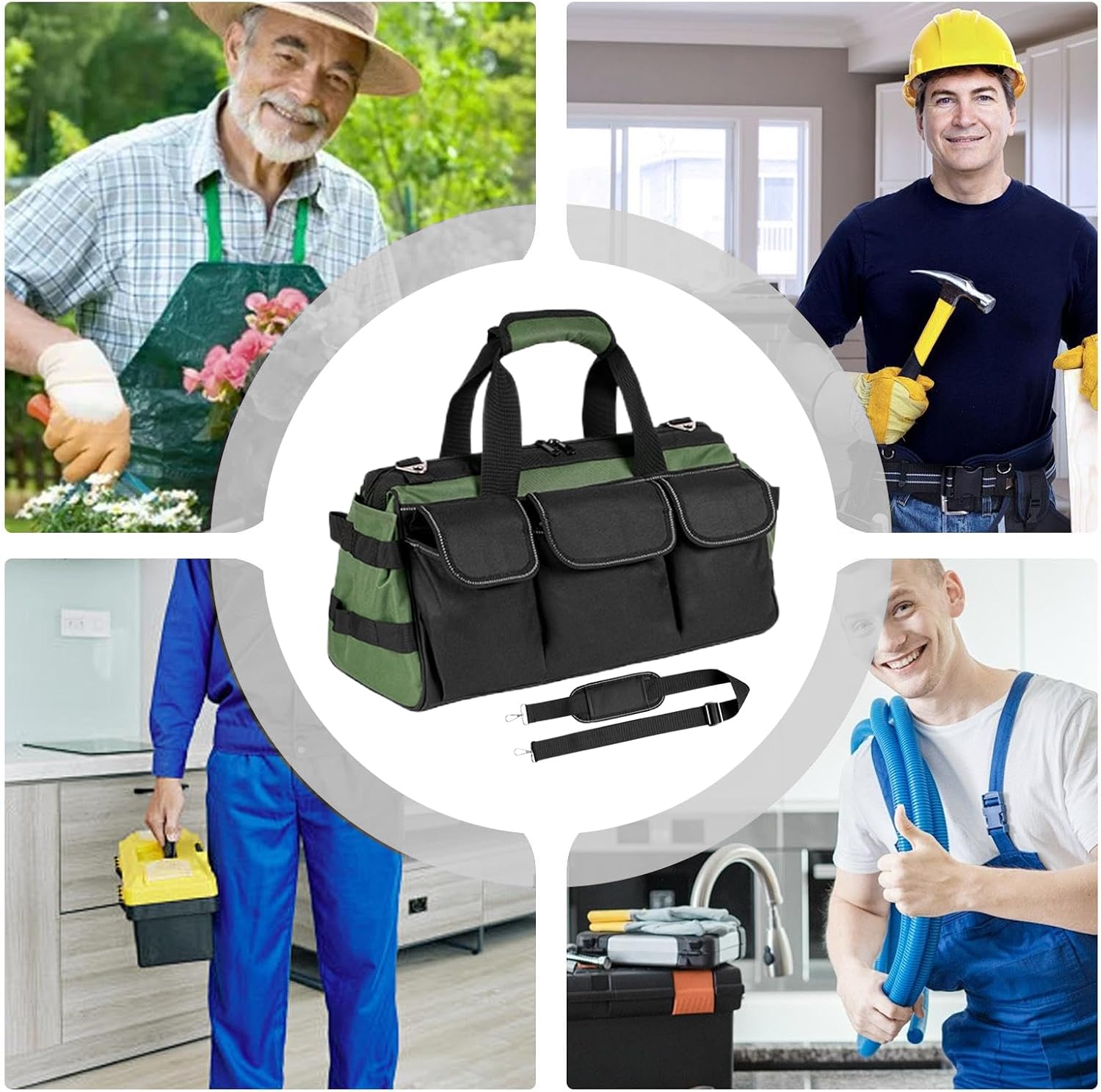  Sac De Stockage D'Outils - Porte-Outils Robuste Avec 16 Poches,Sac À Outils Zippé Avec Bretelle - Pour Hommes Père Mari Mécanicien Plombier Charpentier Garage Construction Réparation