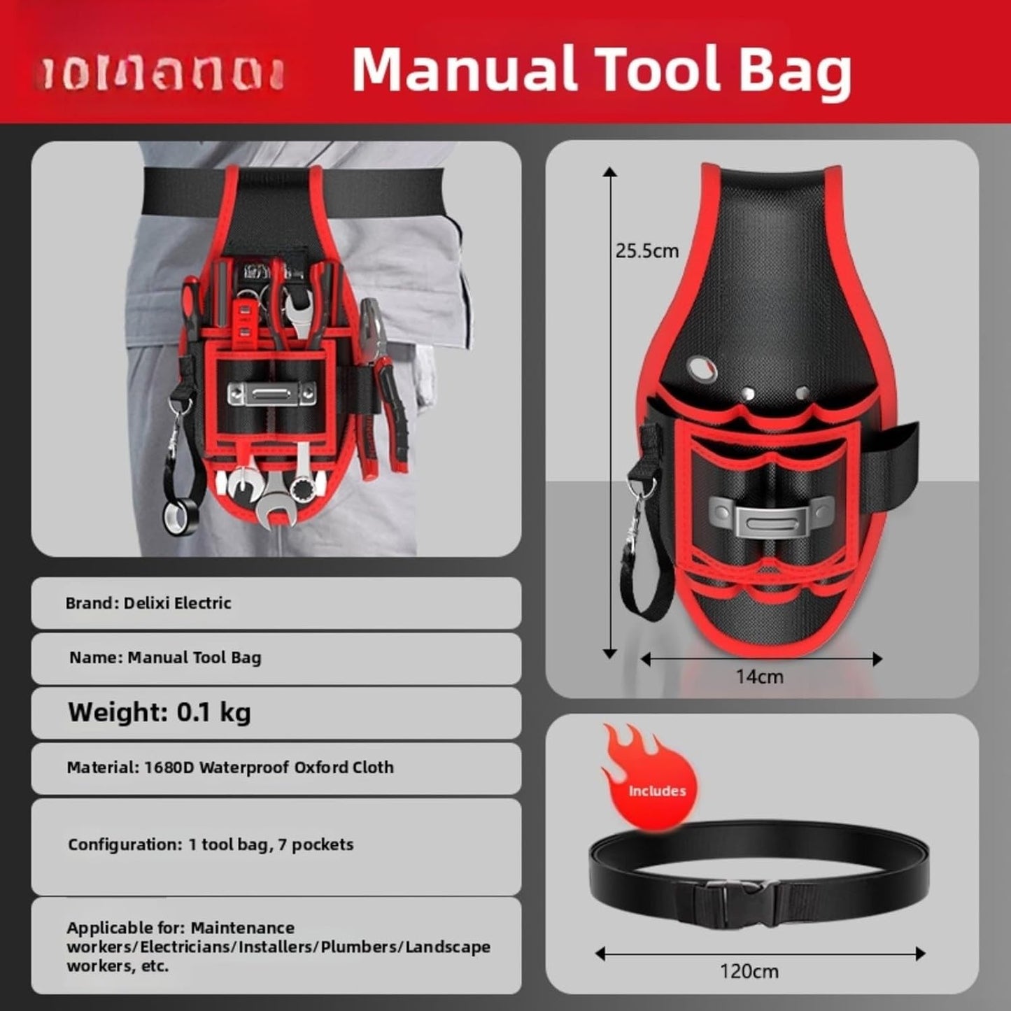  Sac Banane Robuste Pour Outils D'électricien, Pochette Oxford 1680D Imperméable Avec Plusieurs Poches Et Ceinture Réglable Pour Travaux De Construction, Rouge (B)