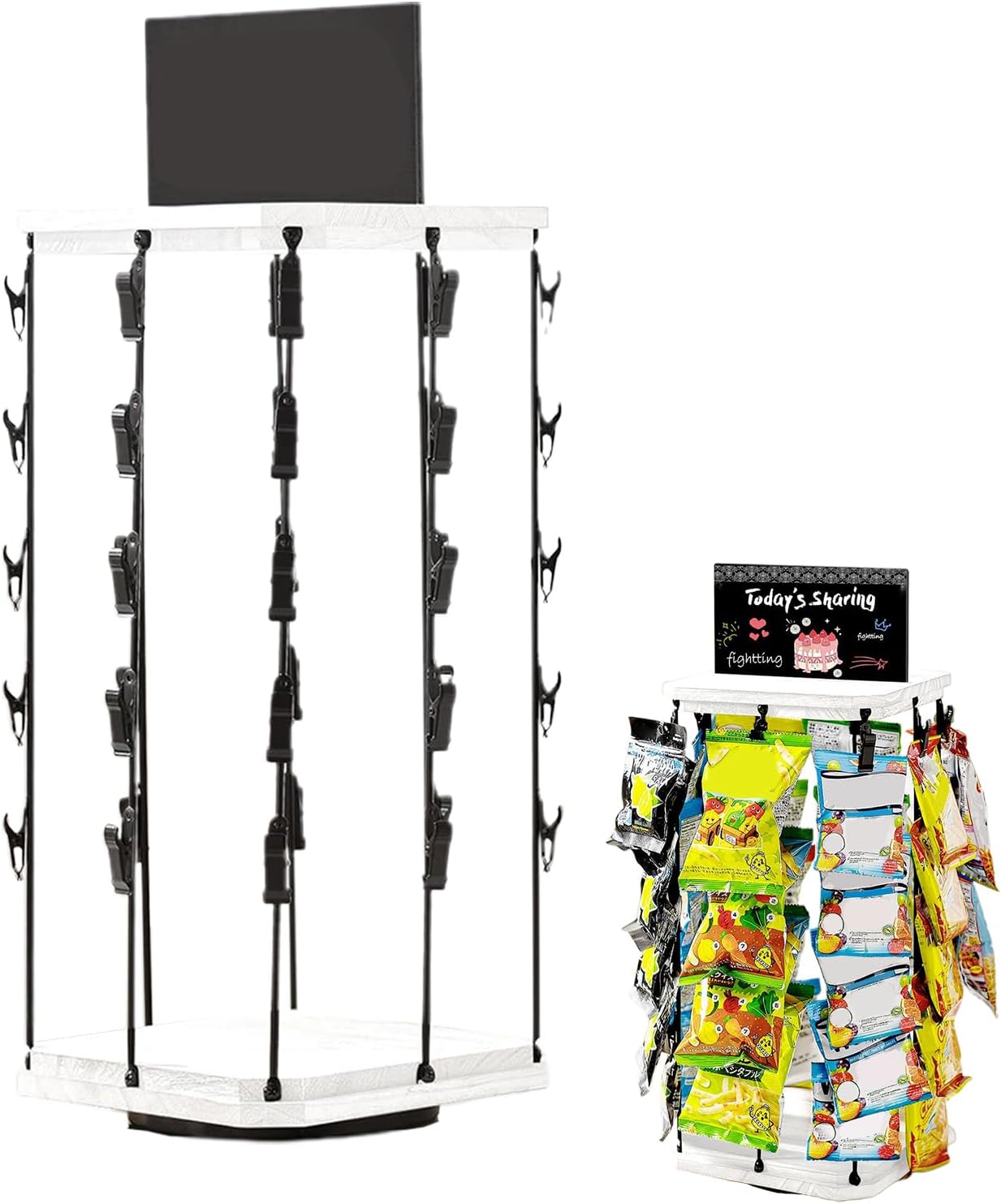  Générique Chip Rack Display Stand, 5-Tier Snack Organizer, 40 Clip Capacity, 360° Rotating Storage, Message Board Included, Kitchen Pantry Organizer, Space-Saving Design