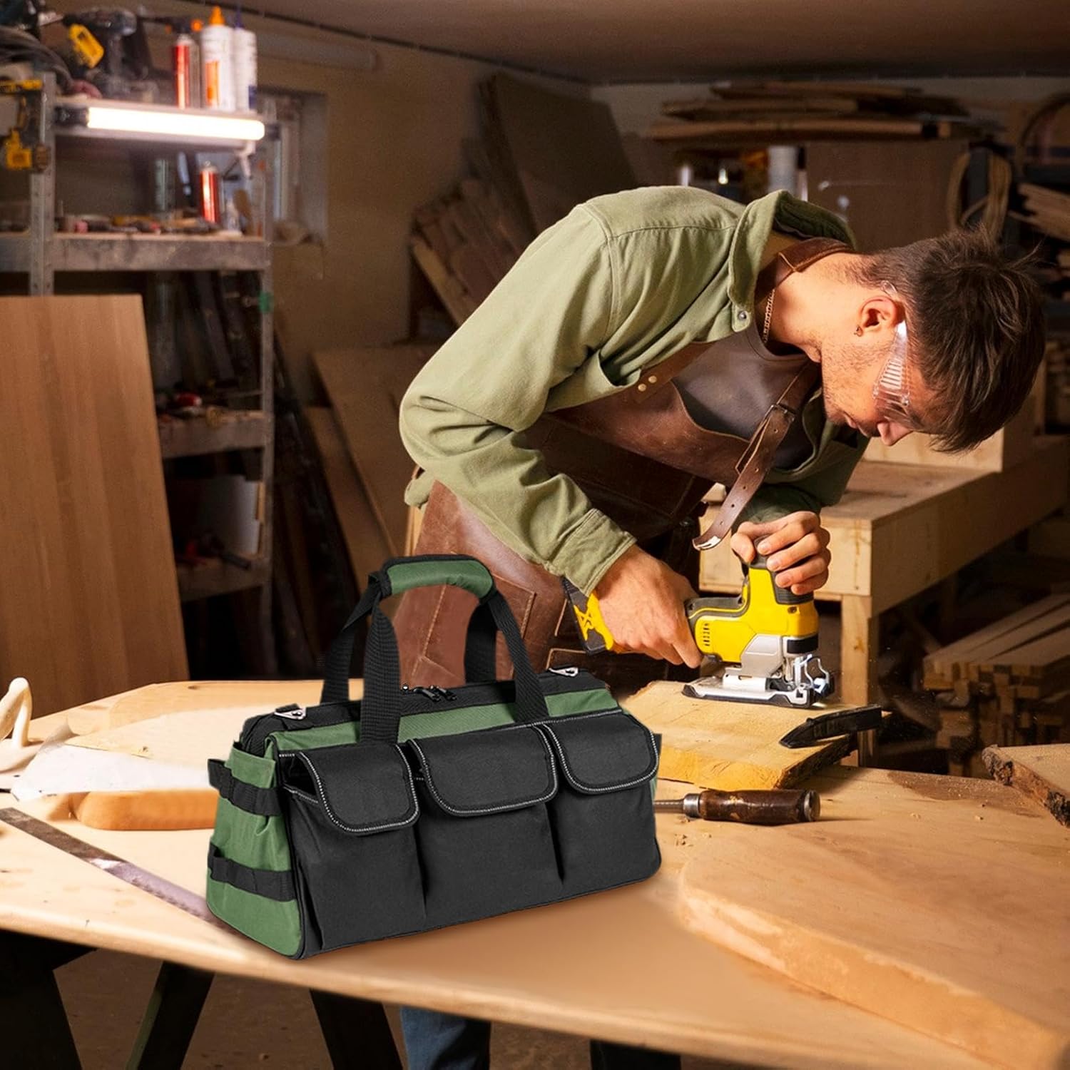  Sac De Stockage D'Outils - Porte-Outils Robuste Avec 16 Poches,Sac À Outils Zippé Avec Bretelle - Pour Hommes Père Mari Mécanicien Plombier Charpentier Garage Construction Réparation