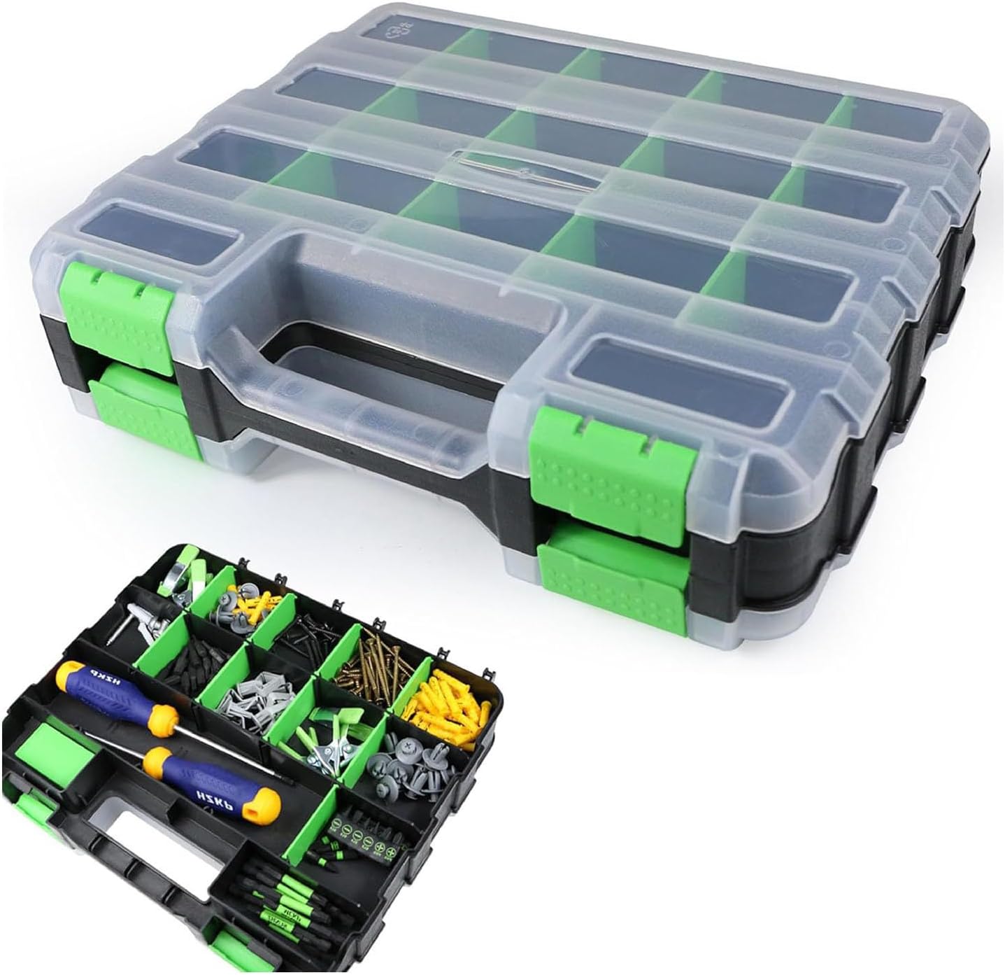 GENERIC Organiseur Portable Double Face, Boîte à Outils Transparente Pour Le Rangement Du Matériel Avec Construction PP, Idéale Pour La Maison, Le Garage, L'atelier, Le Stockage De Boulons, écrous, Forets