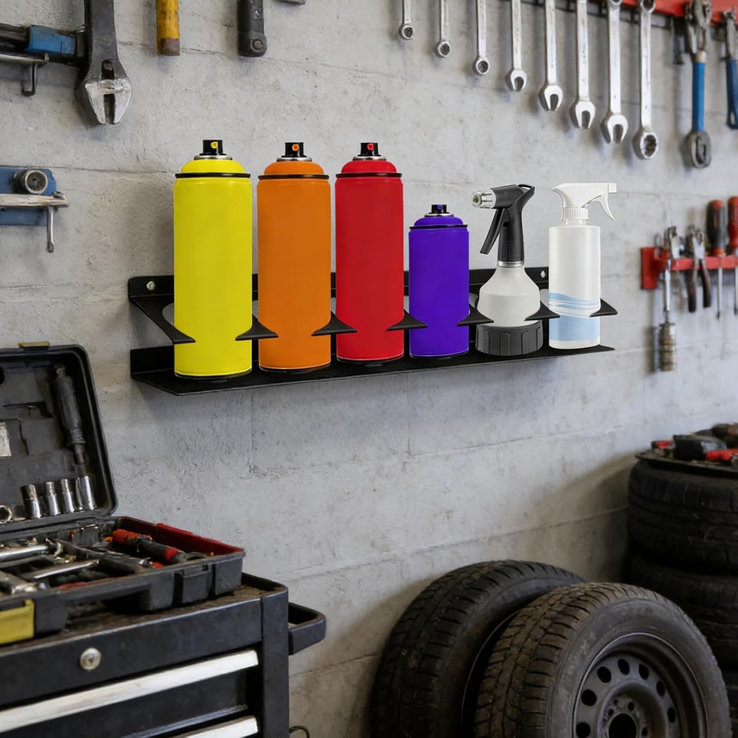  Générique Spray Bottle Holder Wall Mount - 6 Slots Can Hanger | Space-Saving Wall-Mounted Spray Can Organizer With Design, Garage, Trailer, Auto Shop, Home, Mobile Service, Or Truck Storage Solution