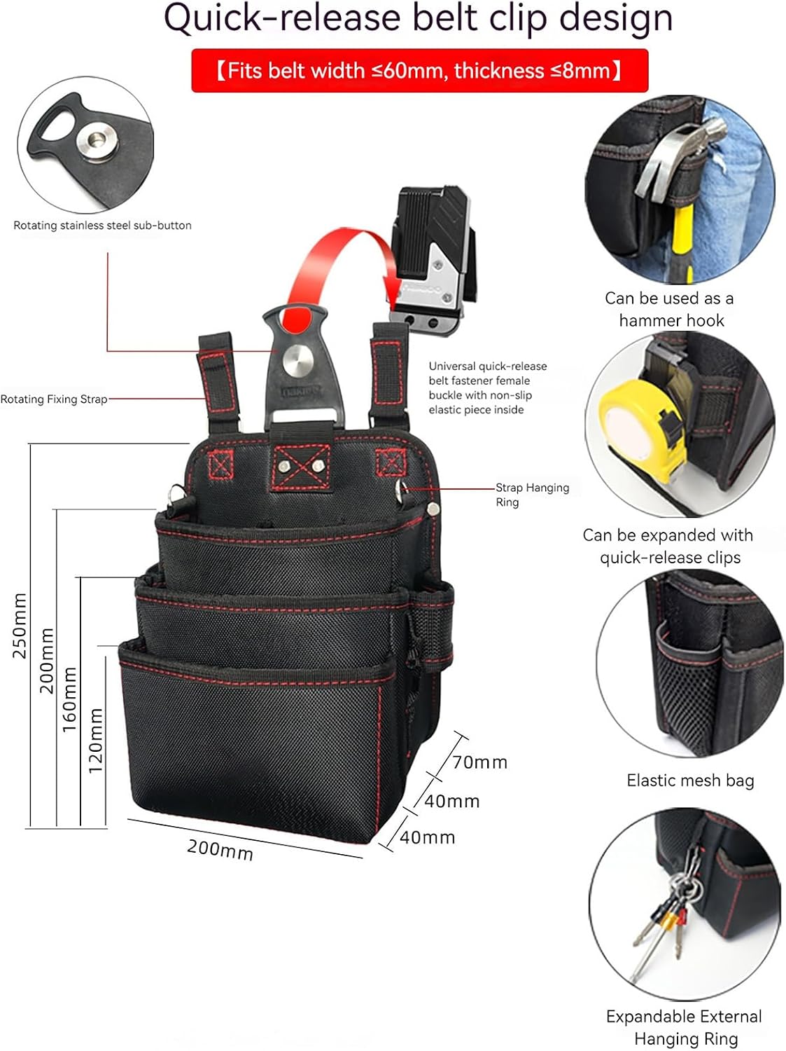  Pochette De Travail Pour Homme – 3 Couches Imperméable Oxford Sac à Outils Pour Le Travail, Charpentier, Jardin, Mécanicien, Moto, Voyage, Noël, électricien, Construction