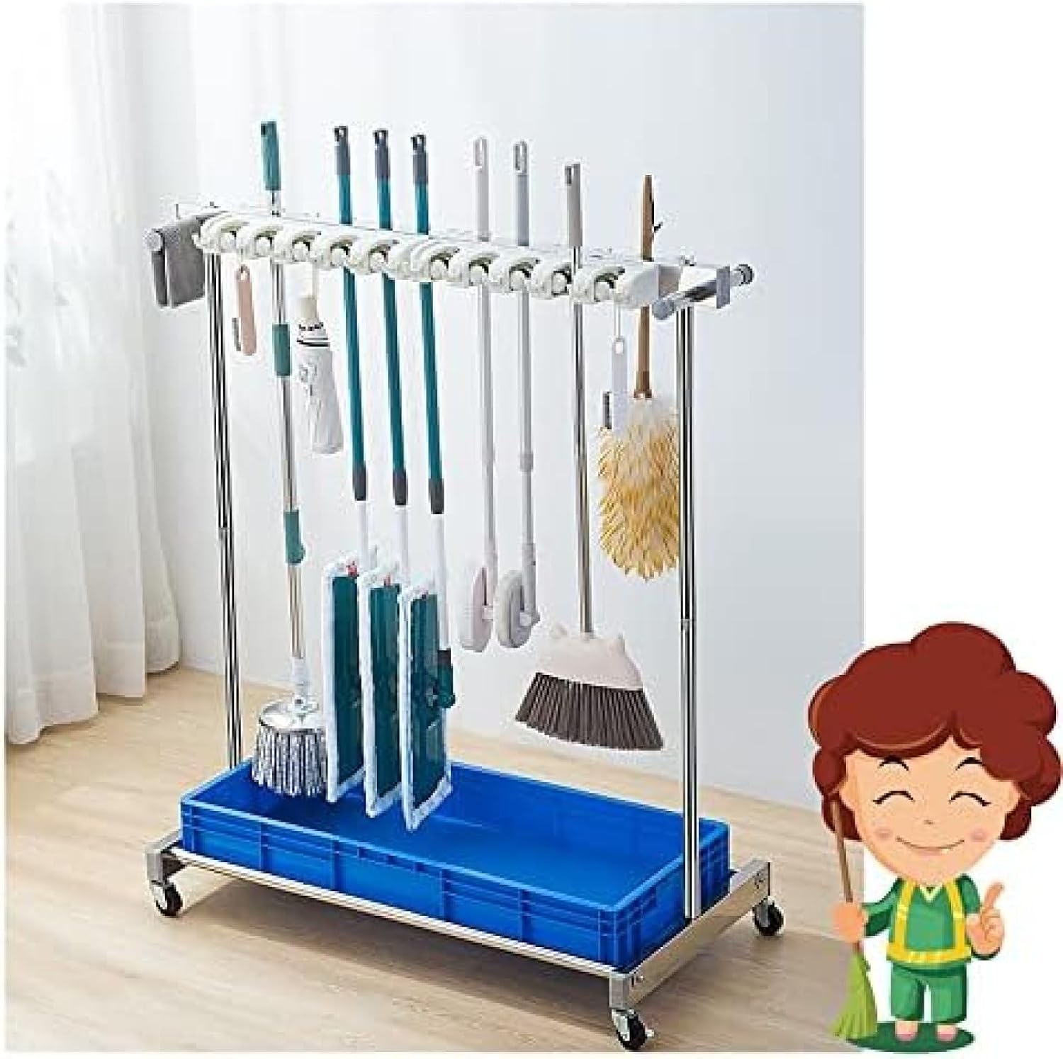 GENERIC Support Utilitaire Pour Balais Et Balais – Chariot à Outils De Nettoyage Avec Roues Pour Le Rangement Et L'organisation Dans Le Jardin, Le Garage, Les écoles Et Les Hôpitaux