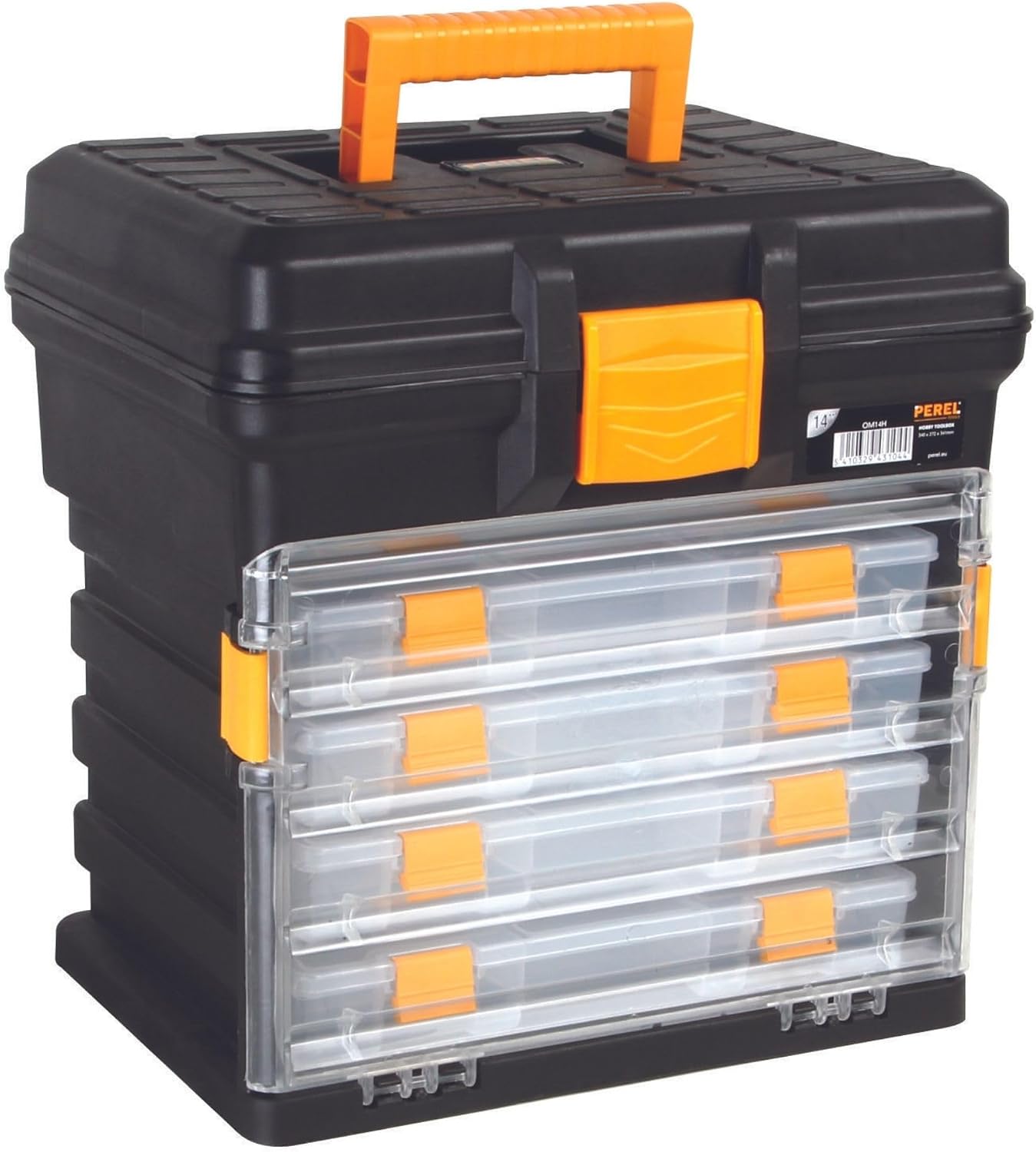  Perel Coffret De Rangement Multifonctionnel, Boite À Outils, Boite De Rangement Vide, Caisse Outil Plastique, Portable, Avec 4 Boîtes Amovibles, Noir/orange, 340 X 272 X 341 Mm