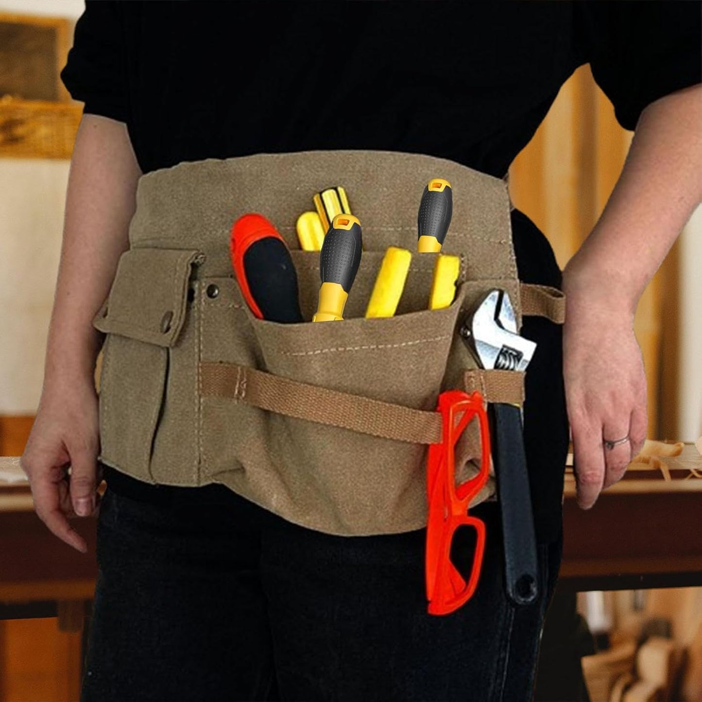  Generic Sac à Outils En Toile, Sac Multifonctionnel Pour Artisans Avec Plusieurs Compartiments Et Ceinture Ajustable, Idéal Pour Les électriciens Et Les Ouvri, Kaki