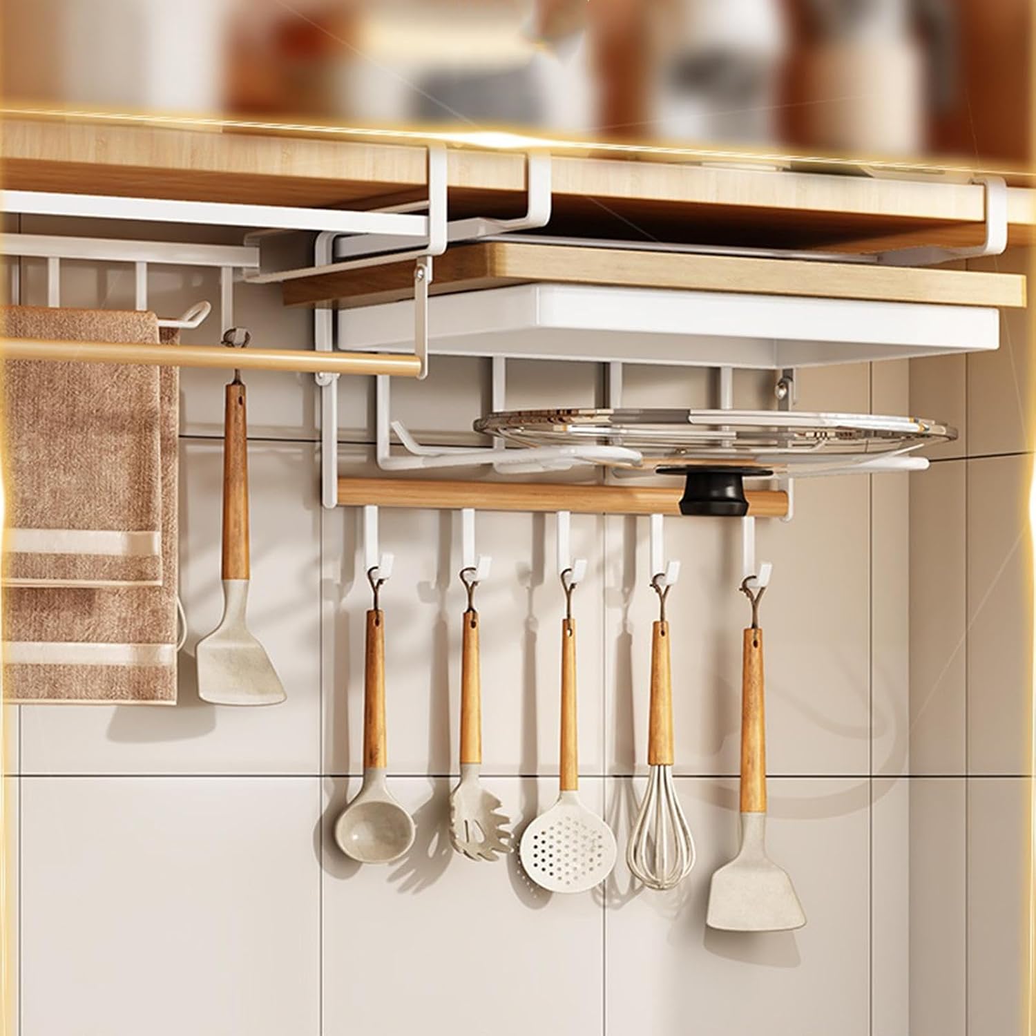 Rangement Sous Comptoir | Métal Sans Perçage Moderne Avec Crochets | Organisateur Sous Placard Support Planche à Découper,Pour Planche à Découper, Couvercle, Spatule, Louche, Torchon Et Maison,