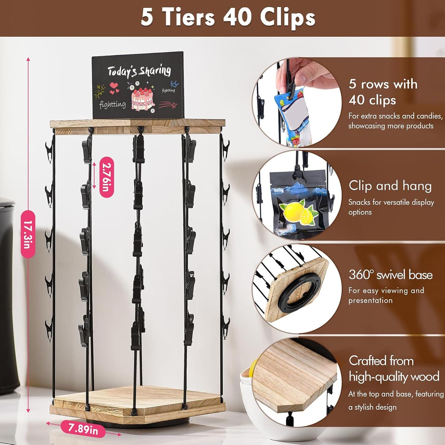  Générique Chip Rack Display Stand, 5-Tier Snack Organizer, 40 Clip Capacity, 360° Rotating Storage, Message Board Included, Kitchen Pantry Organizer, Space-Saving Design
