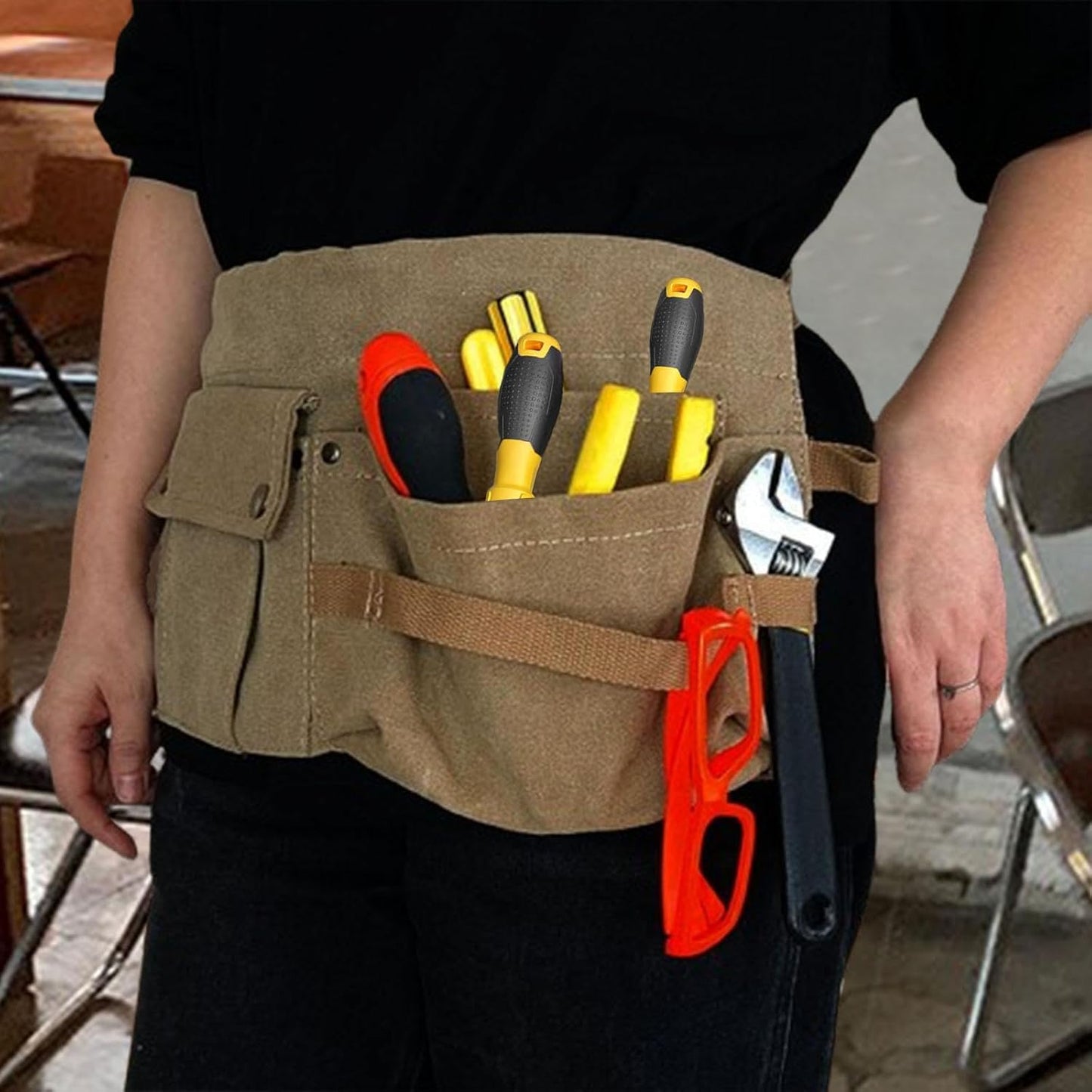  Generic Sac à Outils En Toile, Sac Multifonctionnel Pour Artisans Avec Plusieurs Compartiments Et Ceinture Ajustable, Idéal Pour Les électriciens Et Les Ouvri, Kaki