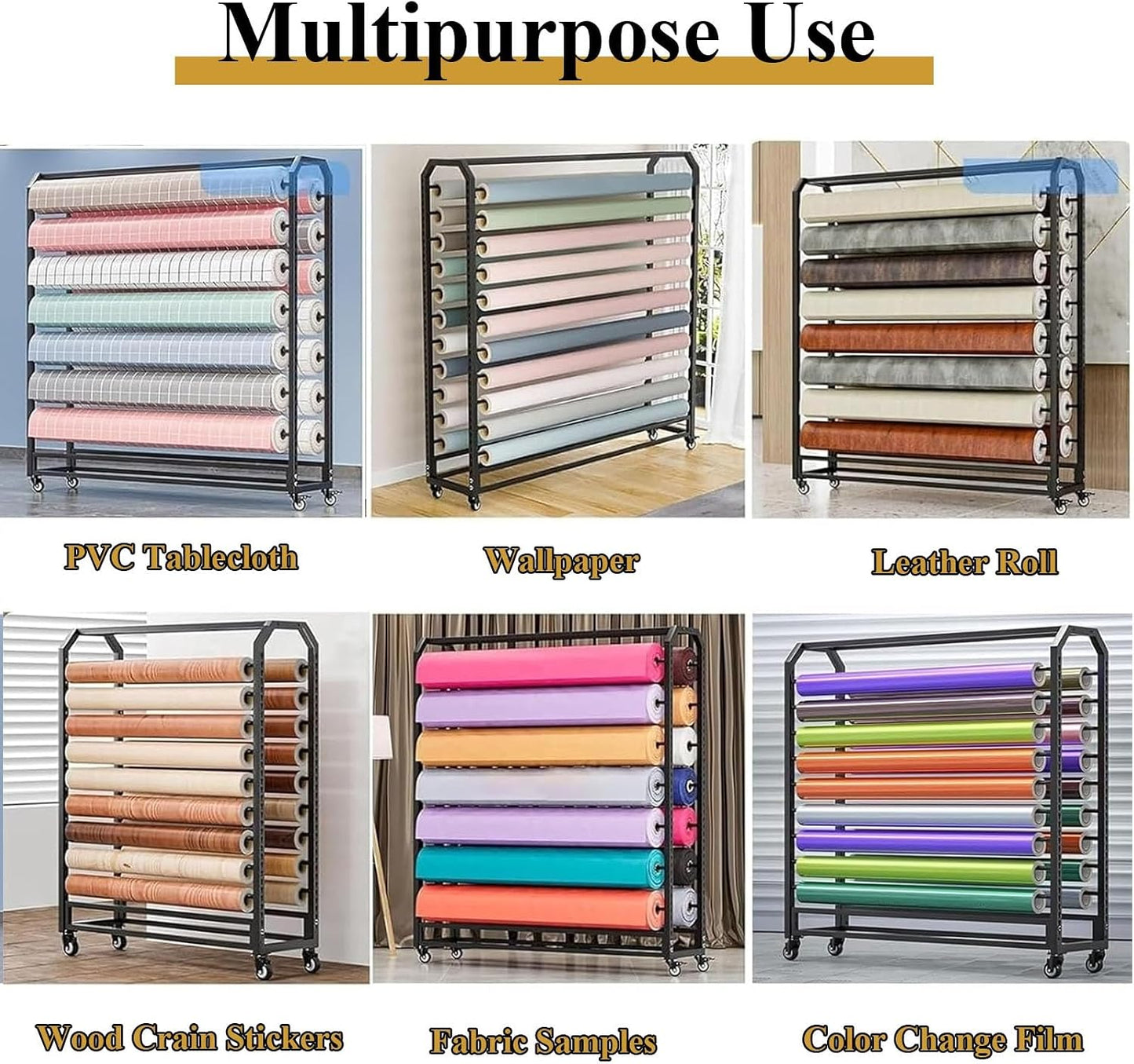  Support Roulant Commercial Pour Rouleaux De Tissu - Rack De Stockage Mobile Avec Roulettes Et Barre Réglable Pour Rouleaux De Vinyle, Cuir, Film Pour Fenêtres, Papier Peint(18 Rods,195cm)