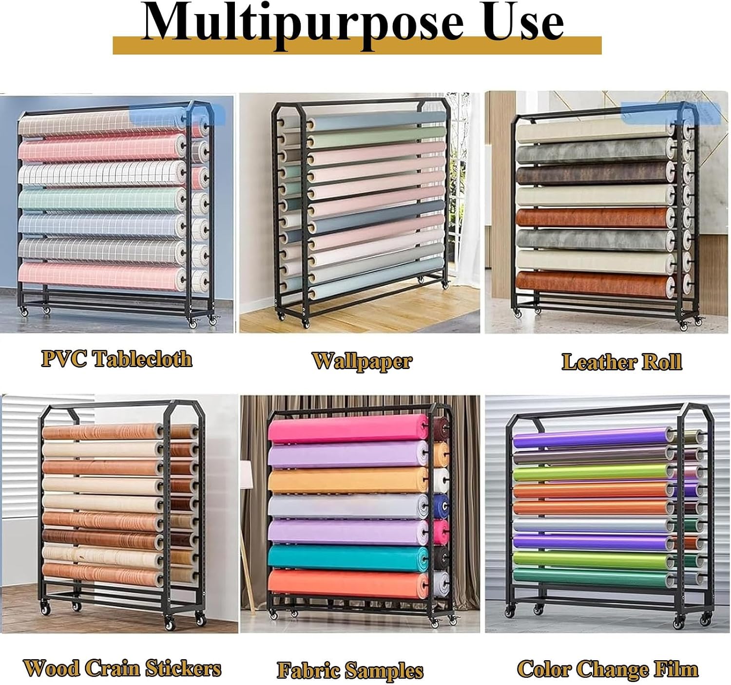  Support Roulant Commercial Pour Rouleaux De Tissu - Rack De Stockage Mobile Avec Roulettes Et Barre Réglable Pour Rouleaux De Vinyle, Cuir, Film Pour Fenêtres, Papier Peint(18 Rods,195cm)