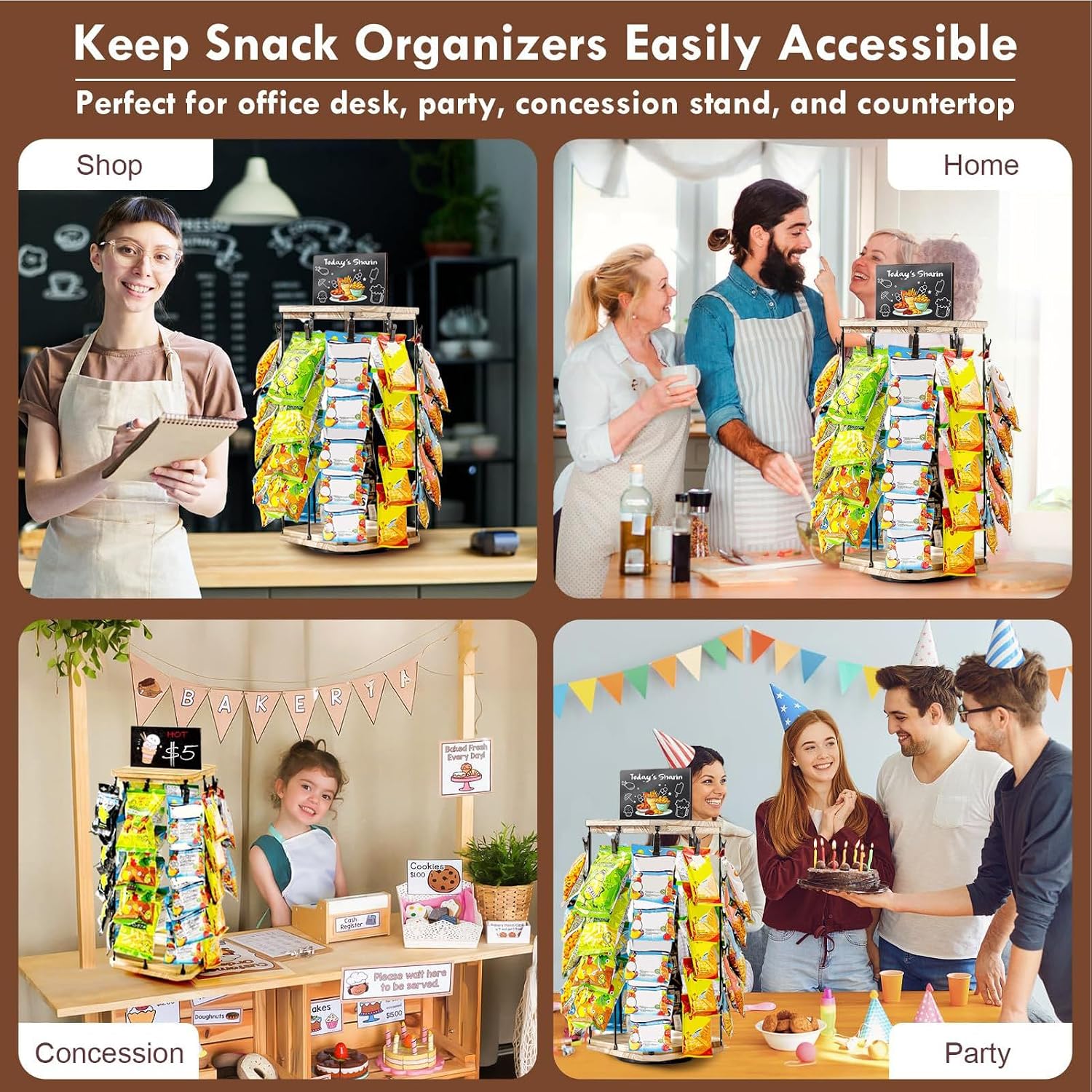  Générique Chip Rack Display Stand, 5-Tier Snack Organizer, 40 Clip Capacity, 360° Rotating Storage, Message Board Included, Kitchen Pantry Organizer, Space-Saving Design