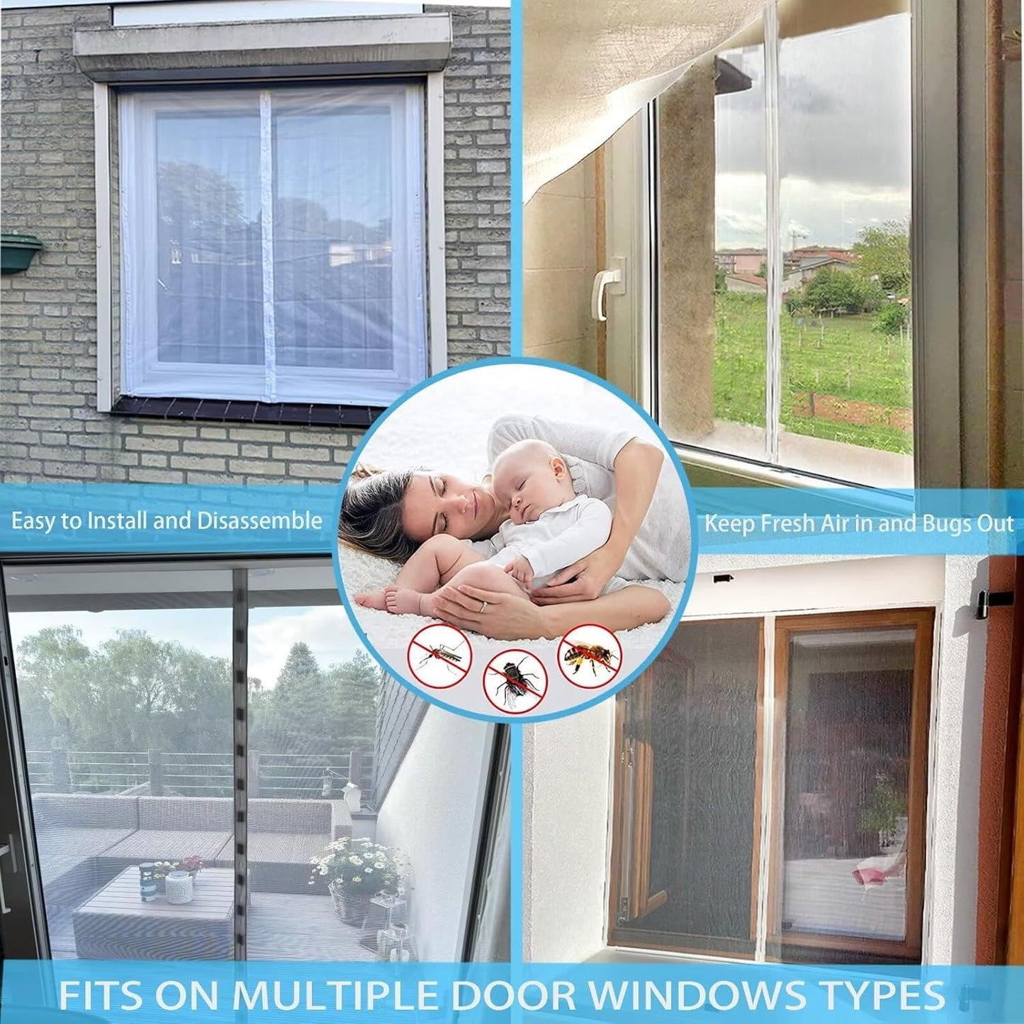  Magnetic Window Insect Screen 90 X 65 Cm, Durable Polyester Mesh Anti-Mosquito Window Curtain With Full Frame Magic Tape And Powerful White Magnets Upgraded Version