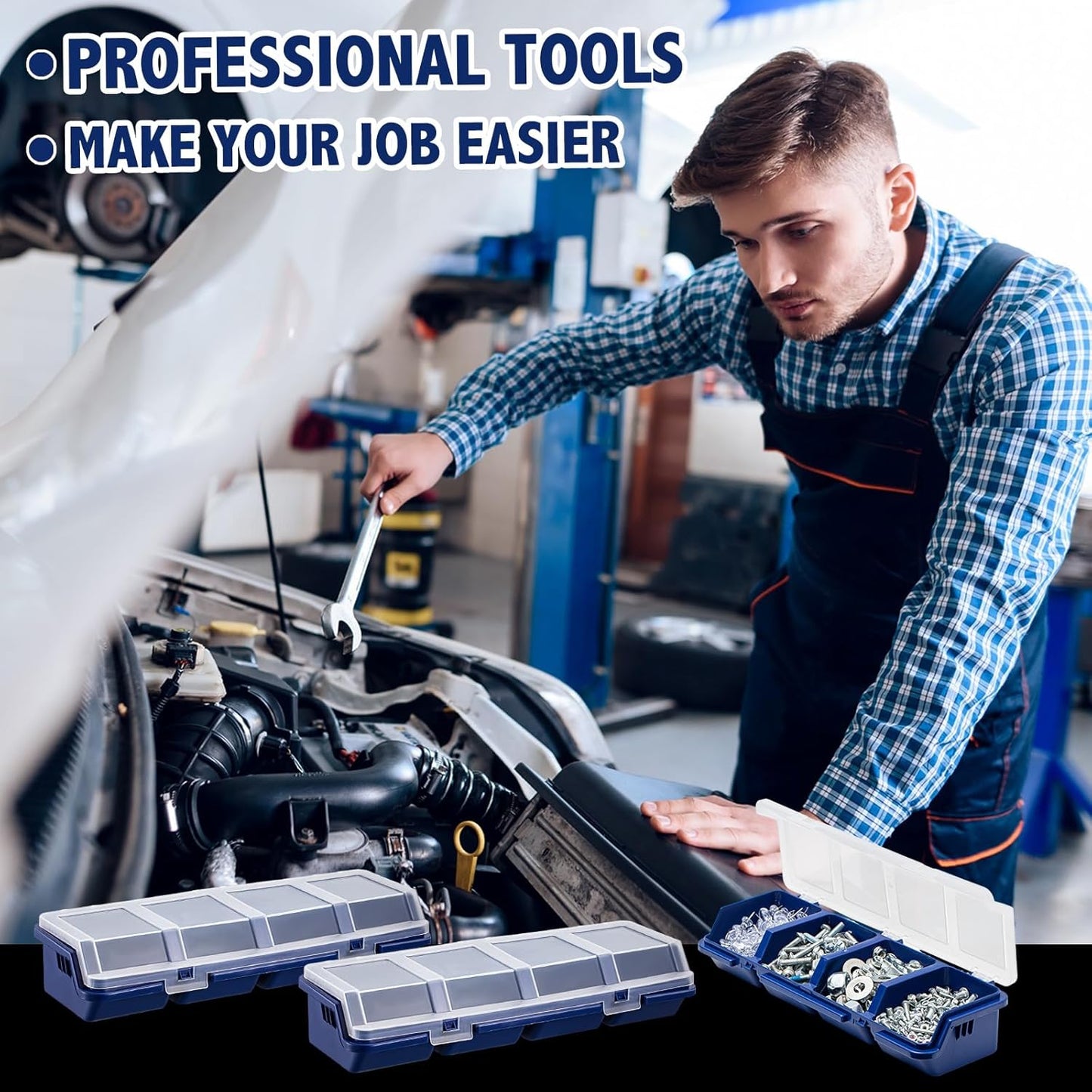  Hushee Lot De 6 Boîtes De Rangement à Vis Avec Couvercles, 4 Compartiments, Compartiments De Séparation, Boîte à Outils De Tri Pour Garage, Artisanat, Outils, Quincaillerie, établi, Rangement - Bleu