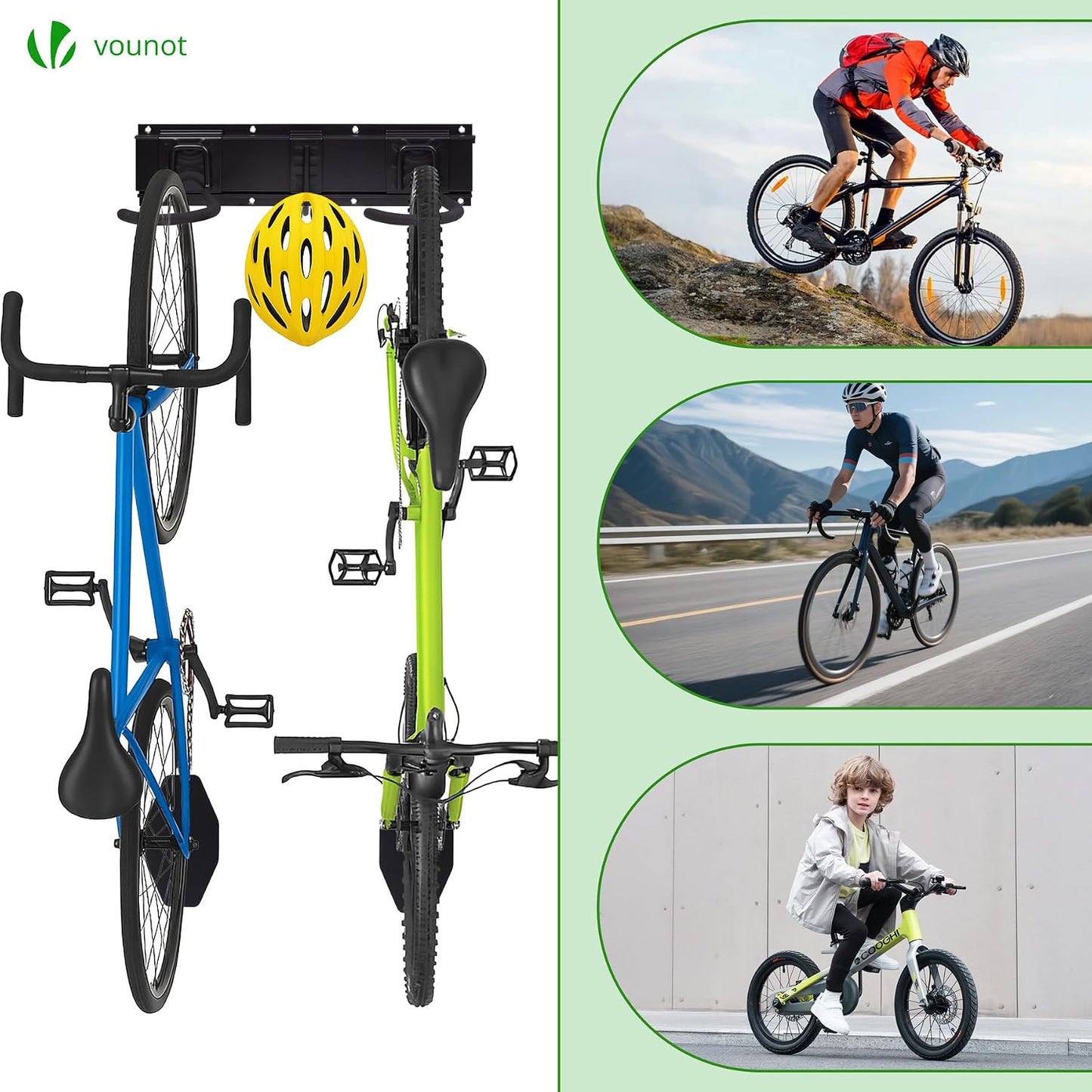  Vounot® Support Vélos Mural En Métal Pour 4 Vélos + 2 Casques Porte De Rangement Avec 4 Coussinets Silicone Anti Taches Crochet Fixation Robuste Pour Garage Cave Noir