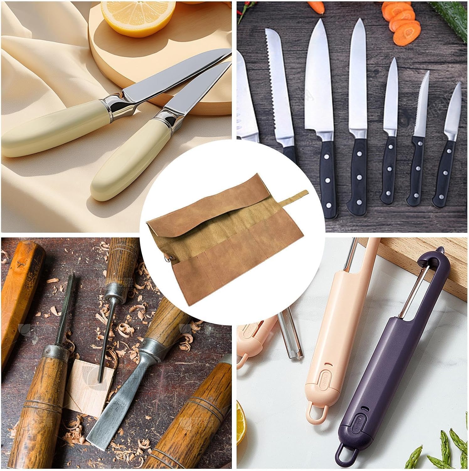 Genérico Étui Porte-outils à Rouleau En Cuir – Portable Rétro 5 Compartiments Fait à La Main – Sac Porte-outils Enroulable | Pour Tournevis, Burins, Tournevis, Clés, Plombiers, Cuisiniers électriciens