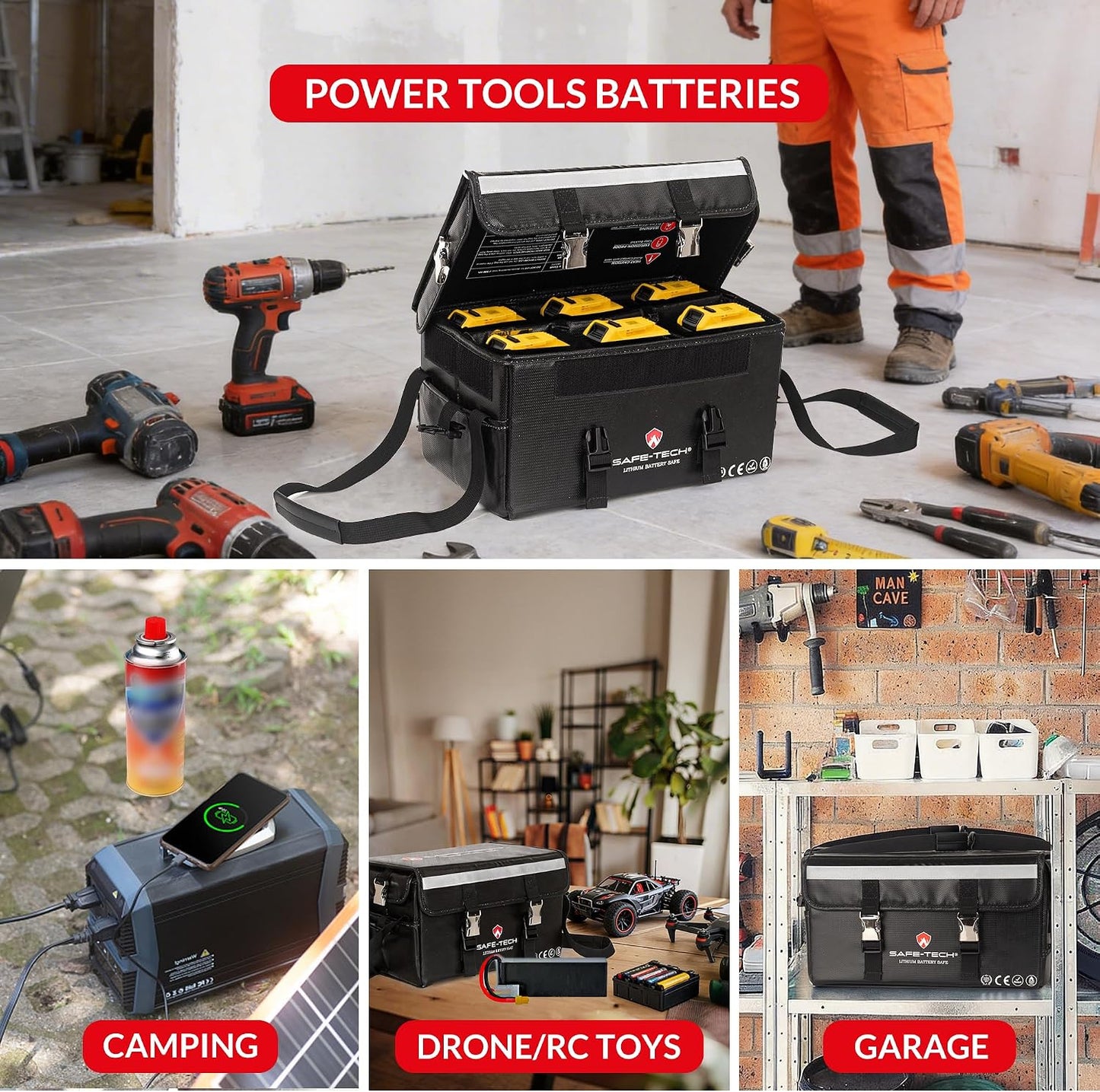 Ensemble De Sacs De Rangement Ignifuges Pour Batterie Avec 3 Mini Pochettes Ignifuges, Grand étui De Sécurité Pour Batterie LiPo Pour Outils électriques De 500 Wh, Séparateurs Réglables Pour DeWalt