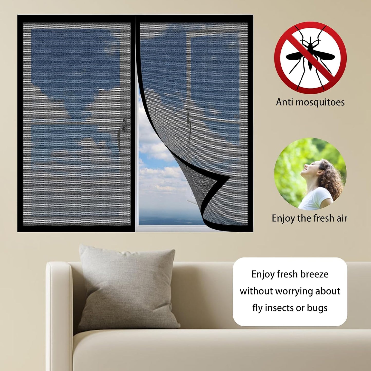  Moustiquaire Magnétique Pour Porte Fenêtre 143 X 126 Cm Anti-Mosquito Auto-Adhésif Rideau Sans Perçage Facile à Installer Pour Salon Fenêtre Balcon, Noir