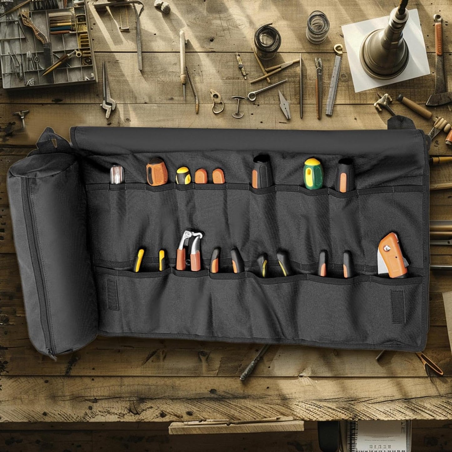  Sac à Outils Enroulable, Sac De Rangement Pliable Imperméable, étui De Transport épais Avec Poignée, Sac De Rangement En Tissu Oxford Résistant à L'usure, Organiseur Portable Multi-poches