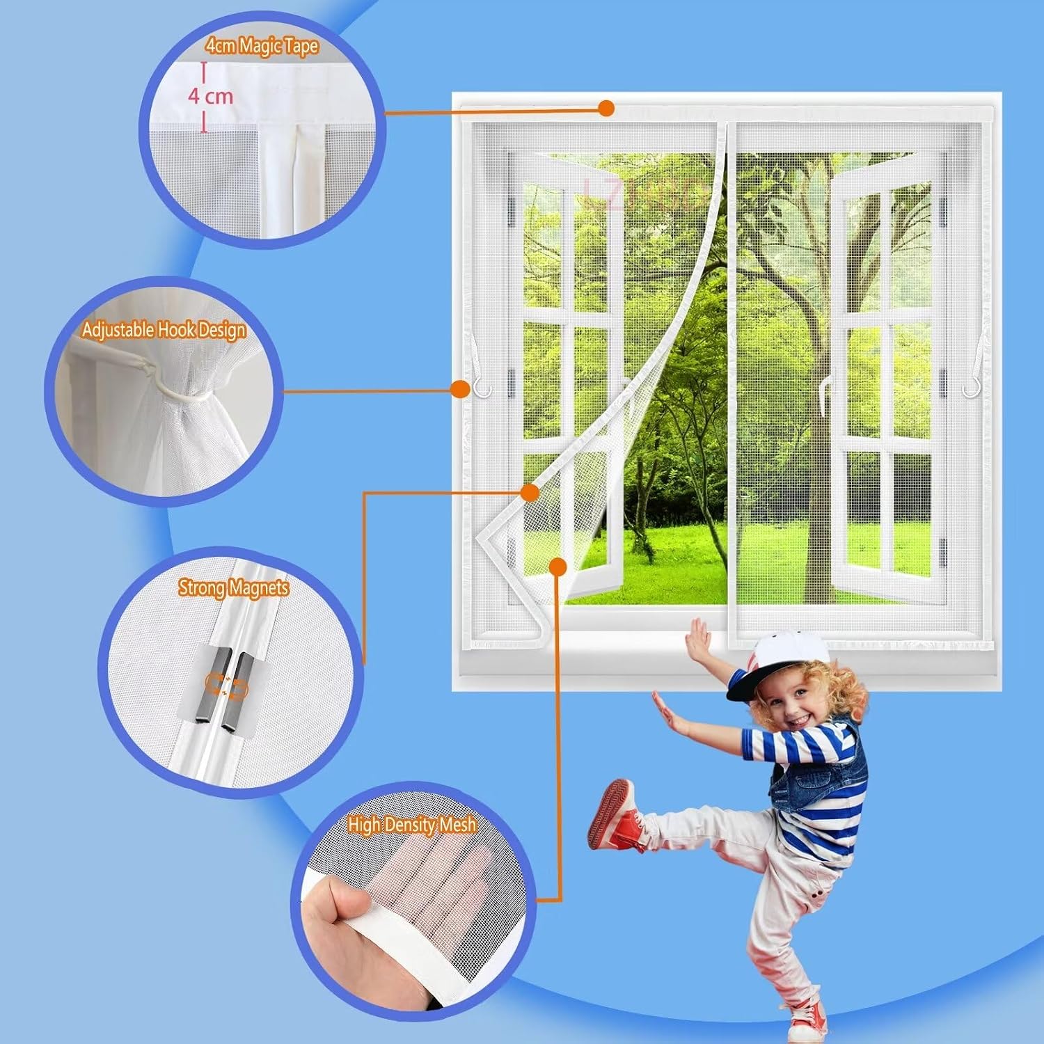  Magnetic Window Insect Screen 90 X 65 Cm, Durable Polyester Mesh Anti-Mosquito Window Curtain With Full Frame Magic Tape And Powerful White Magnets Upgraded Version