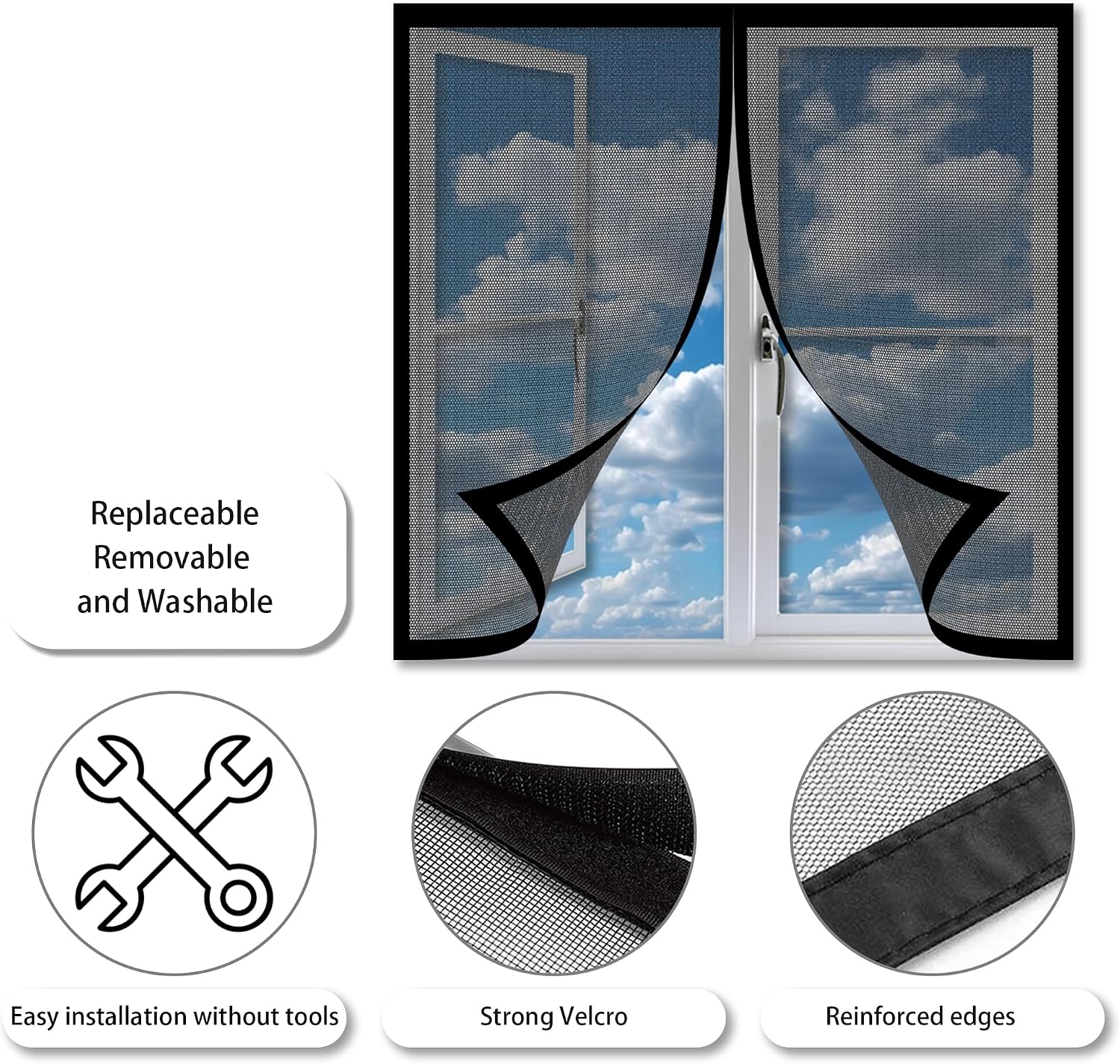  Moustiquaire Magnétique Pour Porte Fenêtre 143 X 126 Cm Anti-Mosquito Auto-Adhésif Rideau Sans Perçage Facile à Installer Pour Salon Fenêtre Balcon, Noir