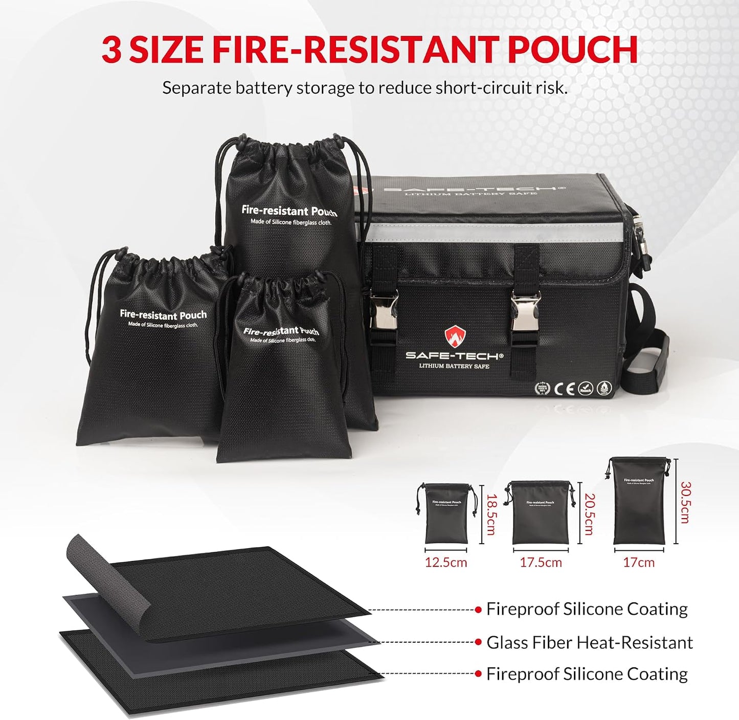  Ensemble De Sacs De Rangement Ignifuges Pour Batterie Avec 3 Mini Pochettes Ignifuges, Grand étui De Sécurité Pour Batterie LiPo Pour Outils électriques De 500 Wh, Séparateurs Réglables Pour DeWalt