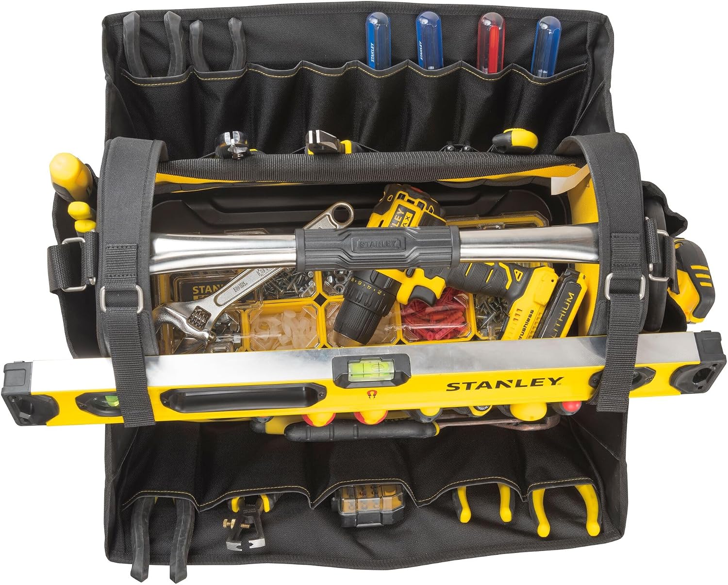  STANLEY Fmst1-80146 Panier Porte-Outils Gamme FATMAX - Base Rigide Étanche - 600 Deniers - Nombreuses Poches - Poignée Acier - Sangle D'Épaule Détachable