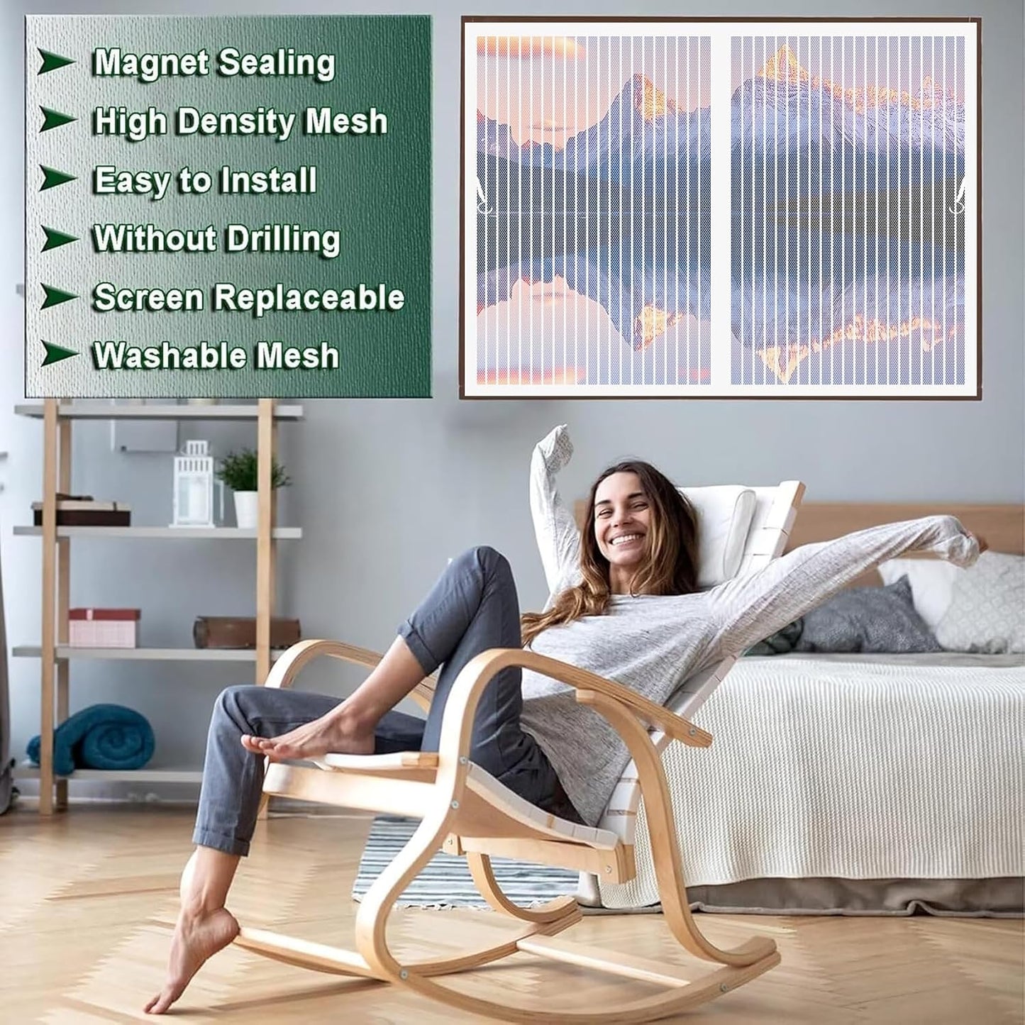  Mosquito Net Window Curtain 73 X 113 Cm (W X H) Anti-Mosquito Automatic Closing No Drilling Fine Mesh Made To Measure For Balcony Doors, Cellar Doors, White