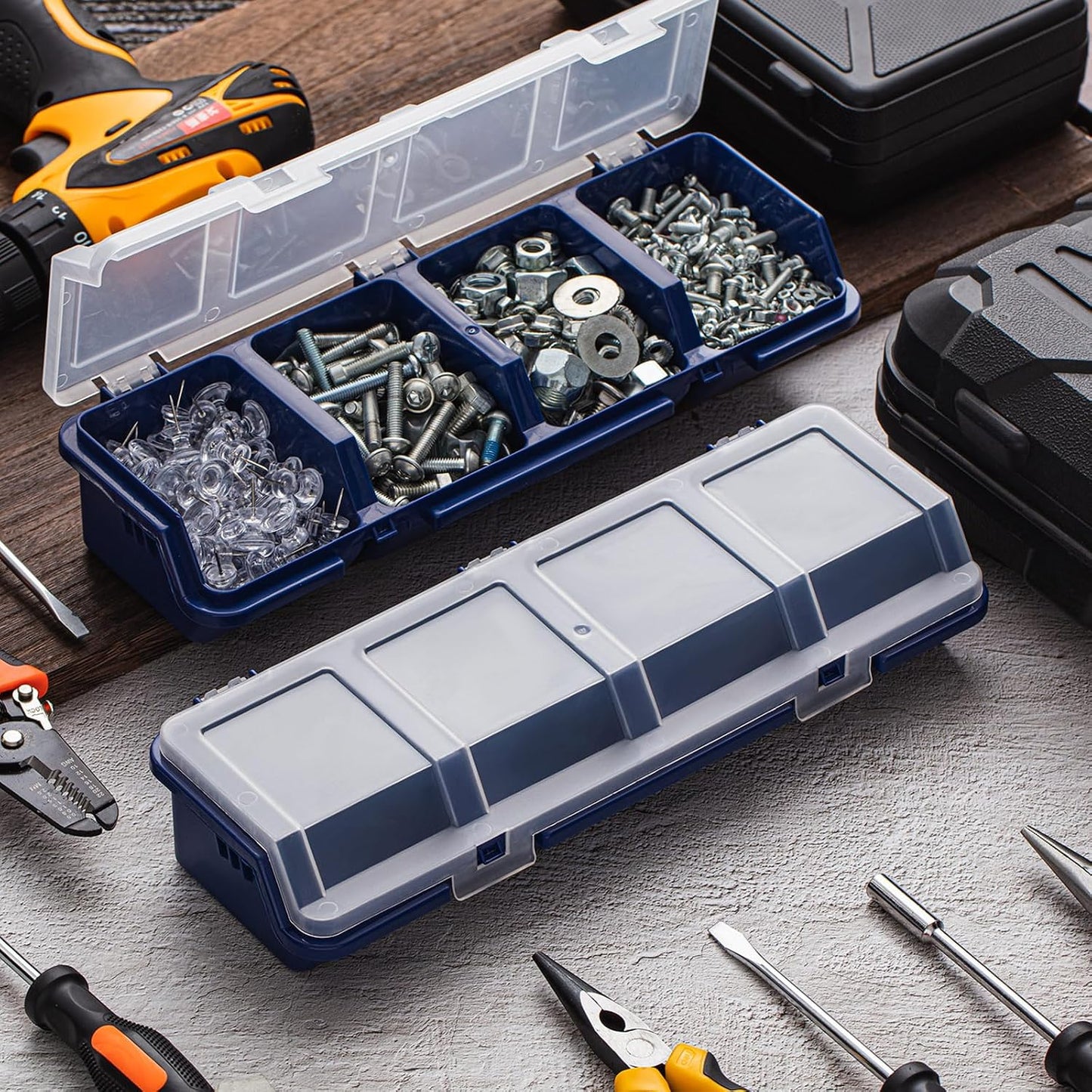  Hushee Lot De 6 Boîtes De Rangement à Vis Avec Couvercles, 4 Compartiments, Compartiments De Séparation, Boîte à Outils De Tri Pour Garage, Artisanat, Outils, Quincaillerie, établi, Rangement - Bleu