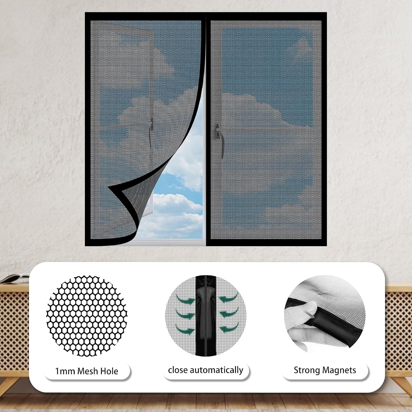  Moustiquaire Magnétique Pour Porte Fenêtre 143 X 126 Cm Anti-Mosquito Auto-Adhésif Rideau Sans Perçage Facile à Installer Pour Salon Fenêtre Balcon, Noir