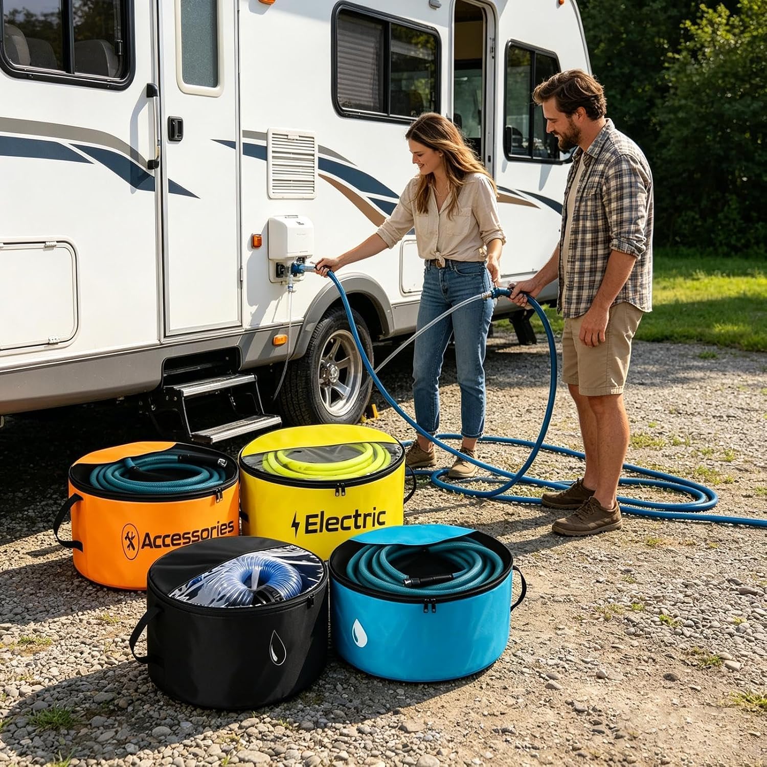  Sac Rangement Pour Tuyau D'Eau Camping-Car,Lot De 4 Organisateurs Imperméables Robustes - Sac Tuyau Évacuation Fenêtre Transparente Double Fermeture Éclair | Pour Câbles Électriques Et Outils