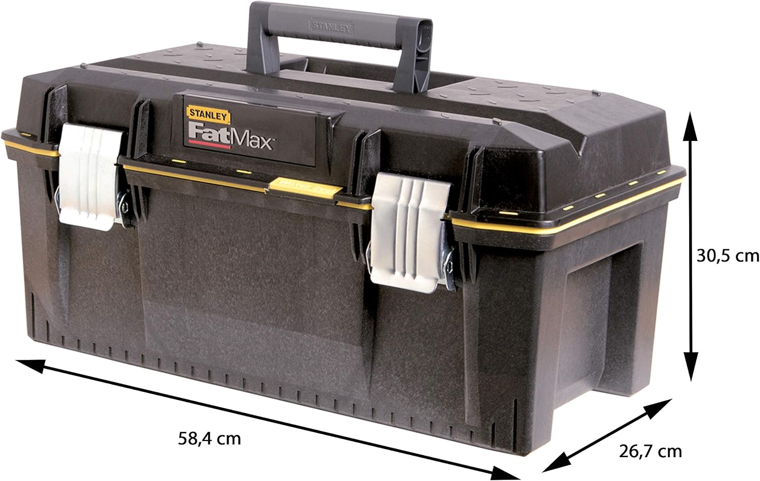  STANLEY FATMAX Boîte à Outils Étanche 58 Cm - Résistant à L'Eau - Grande Capacité De Rangement - Rainure En V Pour Coupe D'Appoint - Poignée Bi-Matière - Attaches Anti-Corrosion 1-94-749